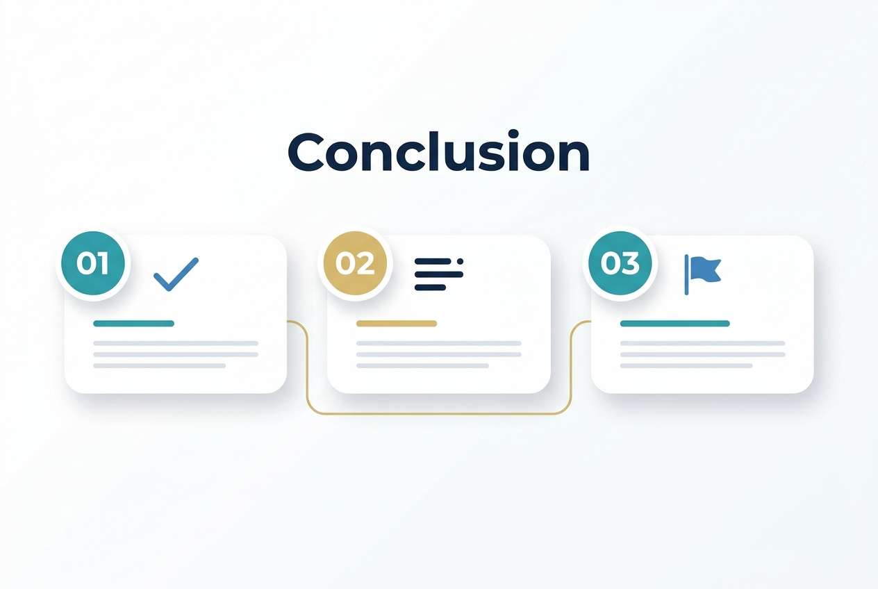 Create a clean professional infographic illustration in a 3:2 aspect ratio, full-bleed layout with no frame or inset margins. Use a modern white background with deep navy, teal, and soft gold accents.

At the top center, place a large bold heading in a sans-serif font: "Conclusion".

Below the heading, arrange three wide horizontal sections across the middle of the canvas, evenly spaced from left to right, using a balanced multi-column layout.

Section 1 on the left: a rounded rectangle block with the number "01" in a teal circle at the top-left of the block, a simple blue checkmark icon beside it, and subtle horizontal accent lines inside the block.

Section 2 in the center: a rounded rectangle block with the number "02" in a gold circle at the top-left of the block, a simple navy summary icon made of three stacked lines and a small dot, and subtle horizontal accent lines inside the block.

Section 3 on the right: a rounded rectangle block with the number "03" in a teal circle at the top-left of the block, a simple blue flag icon, and subtle horizontal accent lines inside the block.

Add a thin gold line connecting the three sections along their lower edges for visual flow. Use soft shadows, crisp vector shapes, and plenty of white space. Keep the composition polished, minimal, and executive-style with clear visual hierarchy.