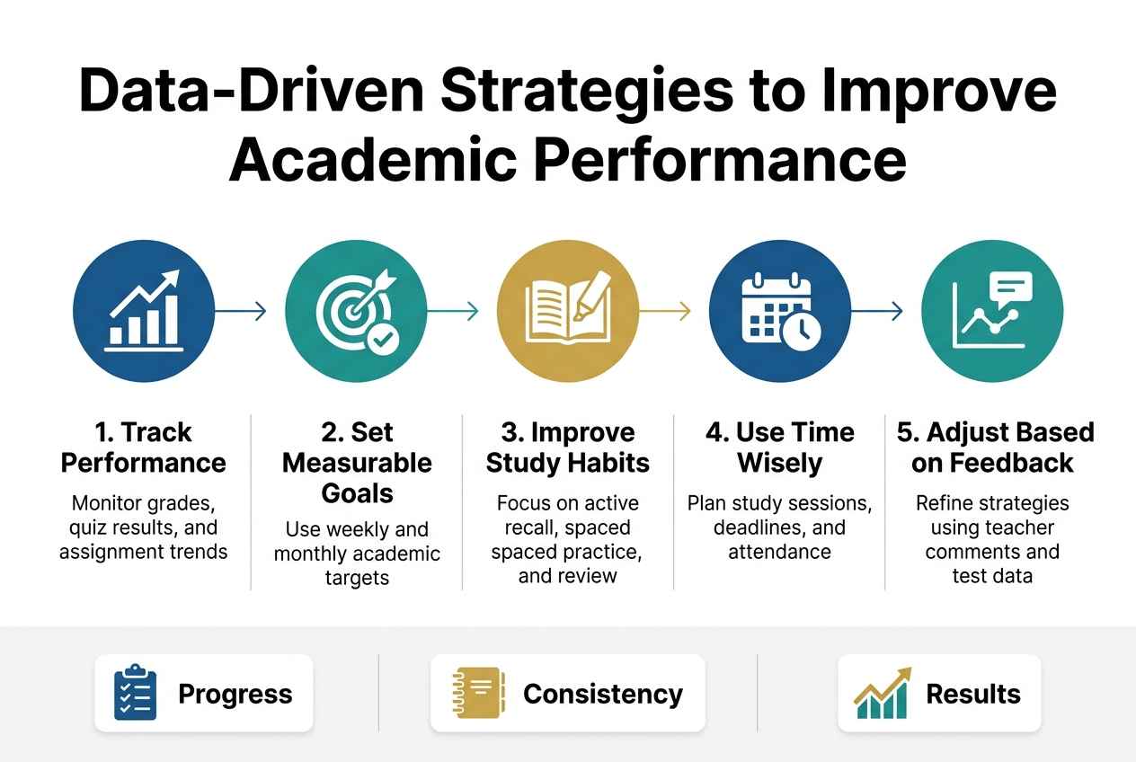 Full-bleed clean professional infographic in a 3:2 landscape aspect ratio, modern academic style, white background with deep blue, teal, and gold accents, sans-serif typography, clear visual hierarchy. Large bold title across the top: "Data-Driven Strategies to Improve Academic Performance". Under the title, a wide horizontal 5-step layout with evenly spaced numbered blocks across the center, using simple educational icons and concise labels.

Section 1 on the left: blue circular icon with a bar chart and upward arrow, heading text "1. Track Performance" and smaller text "Monitor grades, quiz results, and assignment trends".

Section 2 left-center: teal circular icon with a target and checkmark, heading text "2. Set Measurable Goals" and smaller text "Use weekly and monthly academic targets".

Section 3 center: gold circular icon with an open book and highlighter, heading text "3. Improve Study Habits" and smaller text "Focus on active recall, spaced practice, and review".

Section 4 right-center: blue circular icon with a calendar and clock, heading text "4. Use Time Wisely" and smaller text "Plan study sessions, deadlines, and attendance".

Section 5 on the right: teal circular icon with a line graph and feedback speech bubble, heading text "5. Adjust Based on Feedback" and smaller text "Refine strategies using teacher comments and test data".

Add a bottom horizontal band with three small metric cards: left card with a checklist icon and text "Progress", center card with a notebook icon and text "Consistency", right card with a rising graph icon and text "Results". Use subtle connectors or arrows between the five main blocks. Clean spacing, balanced wide composition, no frame, no borders, no clutter.