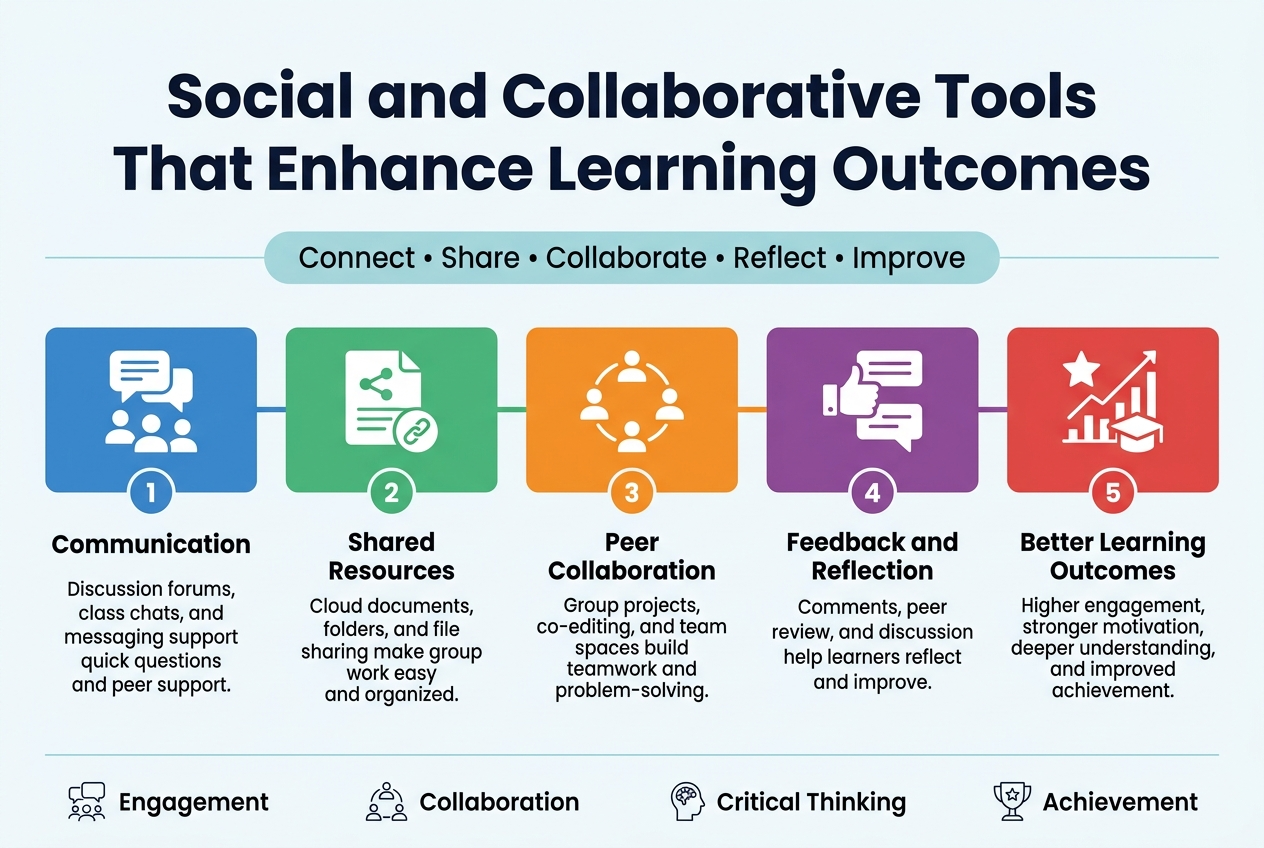 Aspect ratio 3:2, full-bleed professional infographic on a light clean background with subtle blue and teal accents. Large bold title at the top center in dark navy: "Social and Collaborative Tools That Enhance Learning Outcomes". Beneath the title, a wide horizontal subtitle strip with small text: "Connect • Share • Collaborate • Reflect • Improve".

Use a modern sans-serif font, strong visual hierarchy, crisp flat vector icons, and a clean multi-column layout across the wide canvas. Organize the content into five evenly spaced horizontal sections with colored blocks and numbered badges.

Section 1 on the left: a blue block with a speech bubble and user icons, numbered badge "1", heading text: "Communication", body text: "Discussion forums, class chats, and messaging support quick questions and peer support."

Section 2 next to it: a green block with a shared document and link icon, numbered badge "2", heading text: "Shared Resources", body text: "Cloud documents, folders, and file sharing make group work easy and organized."

Section 3 in the center: an orange block with a circle of connected people icon, numbered badge "3", heading text: "Peer Collaboration", body text: "Group projects, co-editing, and team spaces build teamwork and problem-solving."

Section 4 next to it: a purple block with a thumbs-up and comment icon, numbered badge "4", heading text: "Feedback and Reflection", body text: "Comments, peer review, and discussion help learners reflect and improve."

Section 5 on the right: a red block with a star, progress chart, and graduation cap icon, numbered badge "5", heading text: "Better Learning Outcomes", body text: "Higher engagement, stronger motivation, deeper understanding, and improved achievement."

Add a simple bottom row with four small icon-label callouts spanning the width: "Engagement", "Collaboration", "Critical Thinking", "Achievement". Use subtle connecting lines between sections to show flow from left to right. Keep spacing balanced, polished, and readable, with no border frame and no extra text.