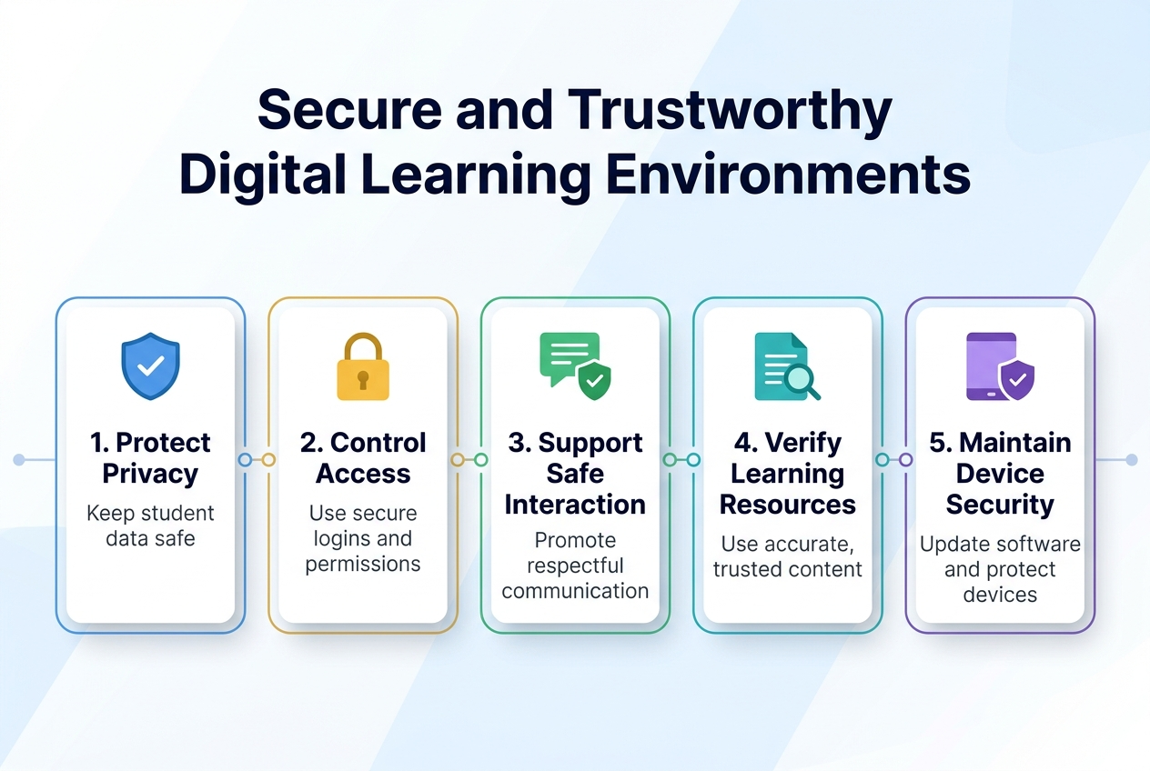 Full-bleed wide infographic illustration in 3:2 aspect ratio, clean professional modern flat design, white background with subtle light blue gradients and soft geometric shapes, no frame, no inset margins.

Top center: large bold heading in dark navy text: "Secure and Trustworthy Digital Learning Environments"

Below the heading, a wide horizontal layout with five evenly spaced sections across the canvas, each in a rounded rectangle card with light blue outline, subtle shadow, and a distinct icon at the top of each card.

Section 1 on the left: a blue shield icon with a checkmark. Text in bold: "1. Protect Privacy" Smaller text beneath: "Keep student data safe"

Section 2 left-center: a gold lock icon. Text in bold: "2. Control Access" Smaller text beneath: "Use secure logins and permissions"

Section 3 center: a green chat bubble icon with a safety badge. Text in bold: "3. Support Safe Interaction" Smaller text beneath: "Promote respectful communication"

Section 4 right-center: a teal document icon with a magnifying glass. Text in bold: "4. Verify Learning Resources" Smaller text beneath: "Use accurate, trusted content"

Section 5 on the right: a purple device icon with a security shield. Text in bold: "5. Maintain Device Security" Smaller text beneath: "Update software and protect devices"

Add a thin connecting line running horizontally through the section cards, with small circular markers between them. Use a clear visual hierarchy, bold navy headings, smaller gray body text, and accent colors of blue, gold, green, teal, and purple. Minimal educational icons, balanced spacing, modern sans-serif font, crisp infographic layout.