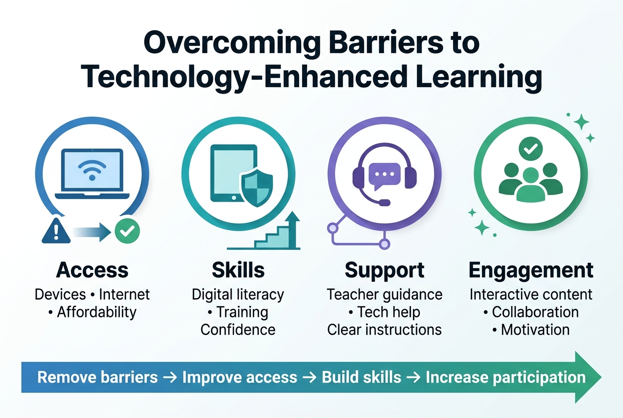 Create a clean, professional full-bleed infographic in a 3:2 aspect ratio with a modern flat-vector style, blue-teal-purple color palette with white background, subtle gradients, and clear visual hierarchy. Add a bold top heading centered across the width: "Overcoming Barriers to Technology-Enhanced Learning". 

Below the heading, use a wide horizontal 4-section layout with evenly spaced blocks across the canvas, not a narrow vertical stack. Each block should have a colored icon at the top, a short bold subheading, and one or two short support lines beneath.

Section 1 on the left: a laptop and Wi‑Fi icon inside a blue circle. Text: "Access" and below it "Devices • Internet • Affordability". Include a small barrier symbol (warning triangle) fading into a green checkmark.

Section 2 left-center: a tablet and shield icon inside a teal circle. Text: "Skills" and below it "Digital literacy • Training • Confidence". Include a simple step-up arrow or learning curve graphic.

Section 3 right-center: a headset and chat bubbles icon inside a purple circle. Text: "Support" and below it "Teacher guidance • Tech help • Clear instructions". Include a support network line graphic linking to the icon.

Section 4 on the right: a group of people with a checkmark icon inside a green circle. Text: "Engagement" and below it "Interactive content • Collaboration • Motivation". Include small spark or star accents.

Across the bottom, add a wide banner strip with a left-to-right arrow flow connecting the four sections and the text: "Remove barriers → Improve access → Build skills → Increase participation". Use bold sans-serif fonts for headings and smaller clean sans-serif fonts for body text. Use crisp icons, subtle shadows, balanced spacing, and high contrast for readability.