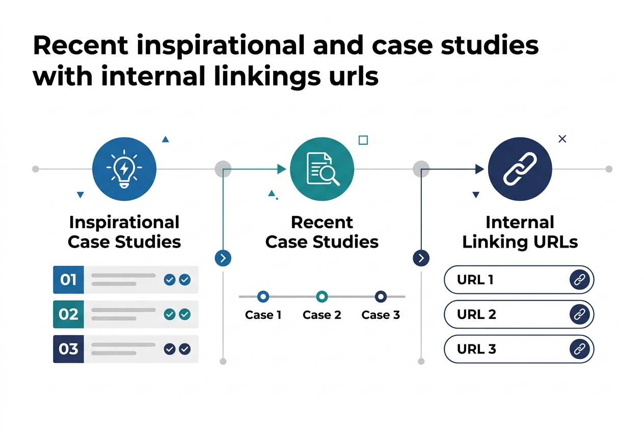 3:2 landscape infographic, full-bleed modern professional design with a clean white background, deep blue and teal accent colors, subtle gray dividers, bold sans-serif typography. Large bold heading across the top left: "Recent inspirational and case studies with internal linkings urls". 

Below the heading, create a wide three-column layout with connected sections and clear visual hierarchy:
Left section: a blue circular icon with a lightbulb and spark lines, title text "Inspirational Case Studies", and three short numbered blocks beneath it labeled "01", "02", "03" with small checkmark icons.
Center section: a teal circular icon with a document and magnifying glass, title text "Recent Case Studies", and a horizontal timeline with three milestone markers and labels "Case 1", "Case 2", "Case 3".
Right section: a navy circular icon with a chain link symbol, title text "Internal Linking URLs", and a stacked list of three URL-style lines: "URL 1", "URL 2", "URL 3", each inside rounded rectangles with link icons.

Add thin connecting lines between the three sections, small arrow markers, and subtle geometric shapes for a polished corporate infographic look. Use generous spacing, wide horizontal composition, and balanced alignment with the heading at the top and the three sections centered across the lower two-thirds of the image.