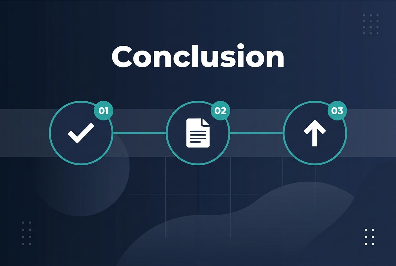 Full-bleed professional infographic layout in aspect ratio 3:2, clean modern style, dark navy background with subtle gradient, white and teal accents, sans-serif bold typography. Large bold heading at the top center reading "Conclusion" in white. Across the middle, a wide horizontal three-step closing strip with three evenly spaced circular icons and numbered markers: left circle with a white checkmark and number "01", center circle with a white summary document icon and number "02", right circle with a white upward arrow icon and number "03". Connect the three circles with a thin teal line. Keep the lower half open and balanced with soft abstract shapes, faint grid lines, and minimal decorative dots. Use strong visual hierarchy, crisp vector shapes, professional corporate infographic aesthetic, full-bleed composition with no frame or border.