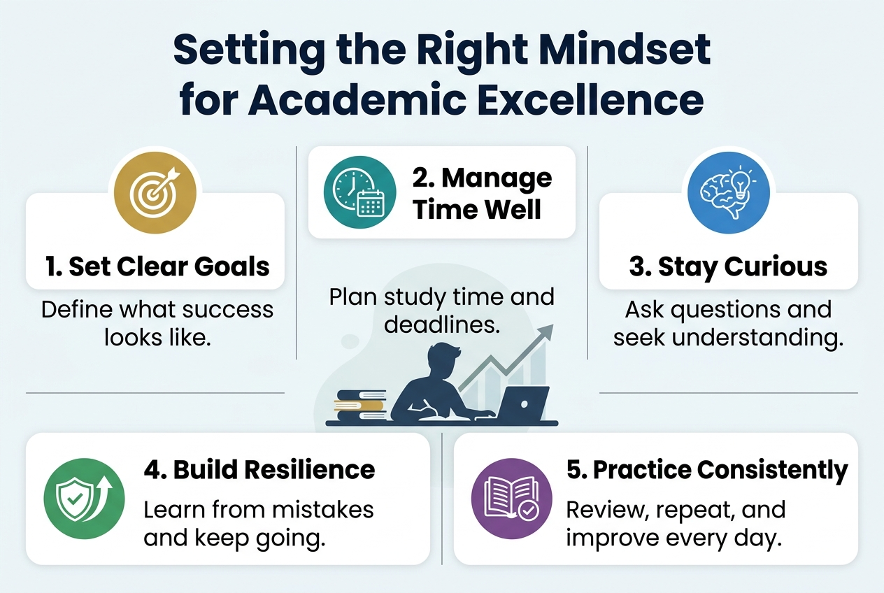 Create a clean, professional full-bleed infographic in 3:2 aspect ratio with a modern academic theme, using a wide horizontal layout and no inset border. Use a light background with deep navy, teal, and gold accents, crisp sans-serif fonts, and strong visual hierarchy.
Top center: large bold heading in dark navy text: "Setting the Right Mindset for Academic Excellence"
Below the heading, arrange five wide rectangular sections across the canvas in a balanced multi-column layout, with clear numbered labels, icons, and short text.
Section 1 on the upper left: a gold circle icon with a target and arrow, label "1. Set Clear Goals" and smaller text: "Define what success looks like."
Section 2 on the upper center: a teal icon of a clock and calendar, label "2. Manage Time Well" and smaller text: "Plan study time and deadlines."
Section 3 on the upper right: a blue icon of a brain with a lightbulb, label "3. Stay Curious" and smaller text: "Ask questions and seek understanding."
Section 4 on the lower left: a green icon of a shield and upward arrow, label "4. Build Resilience" and smaller text: "Learn from mistakes and keep going."
Section 5 on the lower right: a purple icon of an open book with a checkmark, label "5. Practice Consistently" and smaller text: "Review, repeat, and improve every day."
Add a subtle central background illustration of a student silhouette at a desk with books, laptop, and rising progress line, integrated behind the sections without overcrowding. Use clean spacing, rounded cards, thin dividers, and consistent icon style. Keep all text sharp and readable.