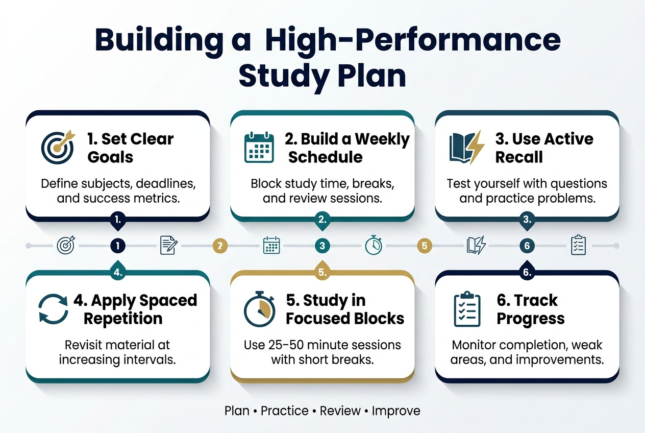 Full-bleed 3:2 infographic illustration, clean modern professional style, white background with deep navy, teal, and gold accents, bold sans-serif typography. Large clear heading at the top centered in dark navy text: "Building a High-Performance Study Plan". Below the heading, arrange six wide horizontal sections in a 2-row, 3-column grid with rounded cards and subtle shadows, not a vertical stack.
Section 1: top left card with a target icon and title text "1. Set Clear Goals" plus small body text: "Define subjects, deadlines, and success metrics."
Section 2: top center card with a calendar icon and title text "2. Build a Weekly Schedule" plus body text: "Block study time, breaks, and review sessions."
Section 3: top right card with a book and lightning icon and title text "3. Use Active Recall" plus body text: "Test yourself with questions and practice problems."
Section 4: bottom left card with a circular arrows icon and title text "4. Apply Spaced Repetition" plus body text: "Revisit material at increasing intervals."
Section 5: bottom center card with a timer icon and title text "5. Study in Focused Blocks" plus body text: "Use 25–50 minute sessions with short breaks."
Section 6: bottom right card with a checklist icon and title text "6. Track Progress" plus body text: "Monitor completion, weak areas, and improvements."
Add a slim horizontal progress path connecting the six cards with small numbered markers, subtle line icons, and clean spacing. Include a small footer strip at the bottom with the text: "Plan • Practice • Review • Improve". Use crisp vector-style shapes, balanced spacing, high contrast, and a polished educational infographic aesthetic.
