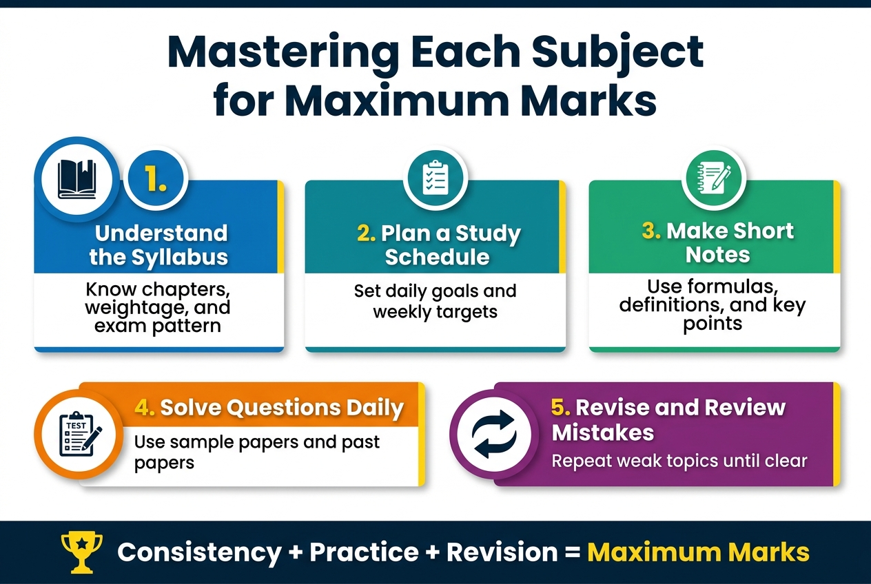 Create a full-bleed 3:2 infographic in a clean modern educational style with a white background, deep navy and teal accents, and yellow highlight details. Place a bold large heading across the top center: "Mastering Each Subject for Maximum Marks". Under the heading, arrange five wide horizontal sections in a balanced 2-row layout with colorful numbered circles and clear icons.
Section 1 on the upper left: a blue box with a book icon and the text "1. Understand the Syllabus" and smaller text "Know chapters, weightage, and exam pattern".
Section 2 on the upper center: a teal box with a checklist icon and the text "2. Plan a Study Schedule" and smaller text "Set daily goals and weekly targets".
Section 3 on the upper right: a green box with a notebook and pen icon and the text "3. Make Short Notes" and smaller text "Use formulas, definitions, and key points".
Section 4 on the lower left: an orange box with a practice test icon and the text "4. Solve Questions Daily" and smaller text "Use sample papers and past papers".
Section 5 on the lower center-right: a purple box with a revision arrows icon and the text "5. Revise and Review Mistakes" and smaller text "Repeat weak topics until clear".
Add a bottom horizontal banner with a trophy icon and the text "Consistency + Practice + Revision = Maximum Marks". Use bold sans-serif fonts, strong visual hierarchy, neat spacing, subtle shadows, and simple flat vector icons. Keep the layout wide, professional, and easy to read.