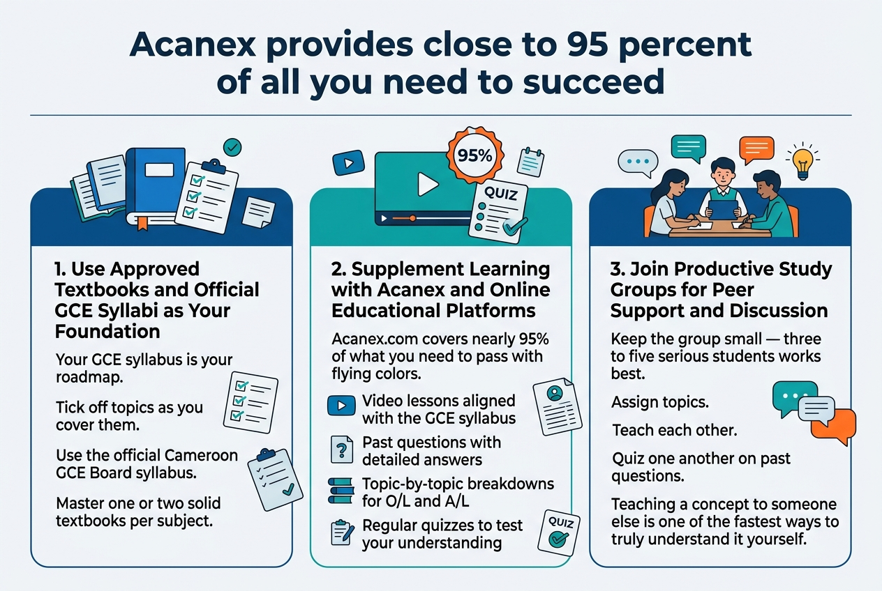 Create a clean professional full-bleed infographic illustration in a 3:2 aspect ratio with a modern flat design, crisp vector style, and strong visual hierarchy. Use a wide horizontal layout with three equal content blocks across the page, not a vertical poster. Color palette: deep blue, teal, white, light gray, and orange accents. Use bold sans-serif fonts for headings and clear readable sans-serif body text.
Top area: large bold title centered across the full width in dark blue text:
"Acanex provides close to 95 percent of all you need to succeed"
Below the title, place a thin horizontal divider line and then three wide side-by-side sections with rounded rectangles and distinct icons.
Left section with a blue book and checklist icon:
Heading:
"1. Use Approved Textbooks and Official GCE Syllabi as Your Foundation"
Body text in smaller lines:
"Your GCE syllabus is your roadmap."
"Tick off topics as you cover them."
"Use the official Cameroon GCE Board syllabus."
"Master one or two solid textbooks per subject."
Include a small checklist graphic with checked boxes beside "topics" and "syllabus".
Center section with a teal video screen and quiz icon:
Heading:
"2. Supplement Learning with Acanex and Online Educational Platforms"
Place a highlighted badge near the top of this section with orange accent:
"95%"
Body text:
"Acanex.com covers nearly 95% of what you need to pass with flying colors."
Bullet list with small icons:
"Video lessons aligned with the GCE syllabus"
"Past questions with detailed answers"
"Topic-by-topic breakdowns for O/L and A/L"
"Regular quizzes to test your understanding"
Add small supporting mini-icons: play button, question paper, stacked topics, quiz checkmark.
Right section with a group of three students around a table icon:
Heading:
"3. Join Productive Study Groups for Peer Support and Discussion"
Body text:
"Keep the group small — three to five serious students works best."
"Assign topics."
"Teach each other."
"Quiz one another on past questions."
"Teaching a concept to someone else is one of the fastest ways to truly understand it yourself."
Add speech bubbles and a lightbulb icon near the group.
Use clean spacing, aligned text, and clear section separation. Include small decorative educational symbols such as books, notes, checkmarks, play buttons, quiz cards, and speech bubbles. Make the infographic polished, informative, and easy to read with balanced composition across the full width.