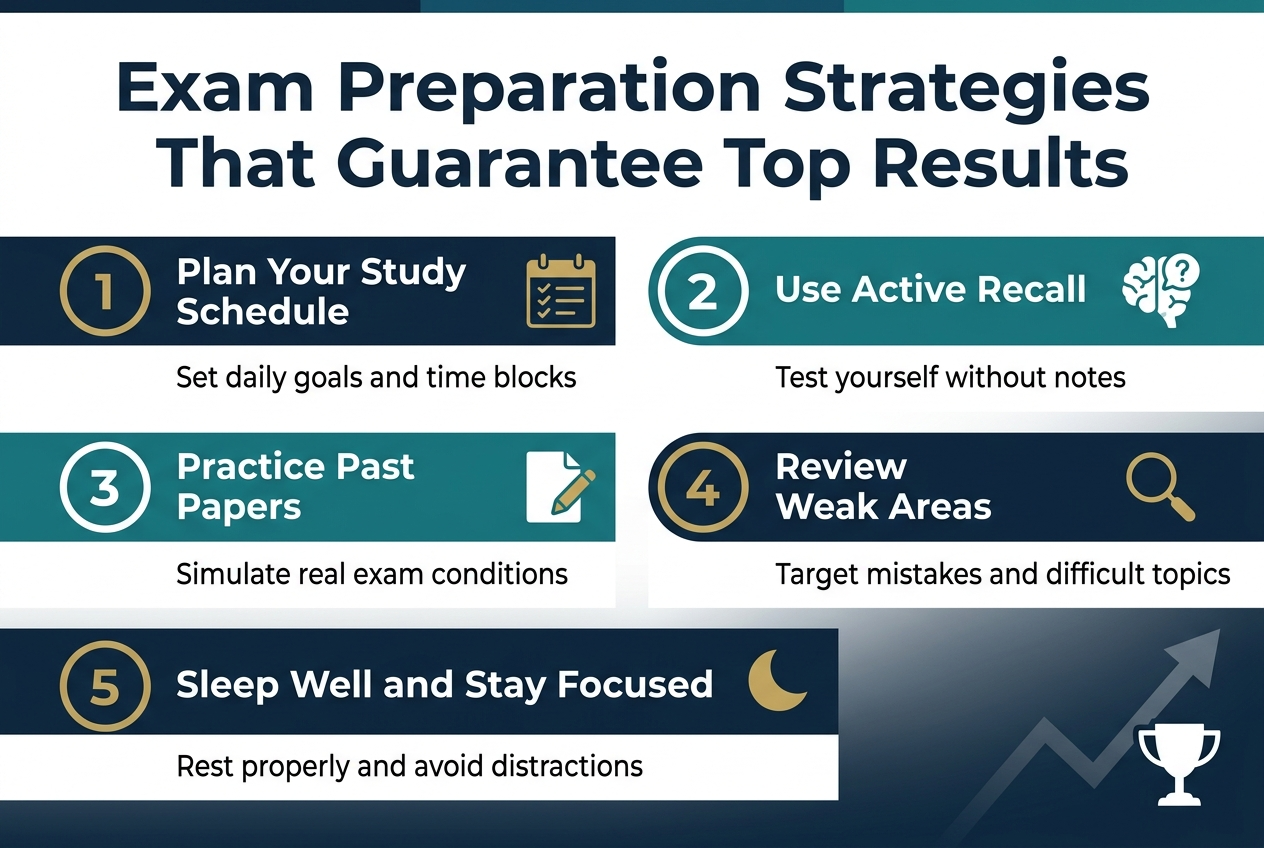 Create a full-bleed professional infographic in 3:2 aspect ratio with a clean modern academic style. Use a deep navy, teal, white, and gold color palette. Include a bold top heading in large sans-serif type: "Exam Preparation Strategies That Guarantee Top Results".
Below the heading, arrange five wide horizontal strategy blocks across the page in a balanced multi-column layout, each with a numbered circle icon and a simple matching symbol:
1. "Plan Your Study Schedule" with a calendar icon and checklist lines
2. "Use Active Recall" with a brain and question mark icon
3. "Practice Past Papers" with a paper sheet and pencil icon
4. "Review Weak Areas" with a magnifying glass icon
5. "Sleep Well and Stay Focused" with a moon and crescent icon
Add short supporting microtext under each title in smaller readable font:
- "Set daily goals and time blocks"
- "Test yourself without notes"
- "Simulate real exam conditions"
- "Target mistakes and difficult topics"
- "Rest properly and avoid distractions"
Place a subtle upward arrow graph and a trophy icon in the lower right corner. Use clear section dividers, strong visual hierarchy, crisp vector shapes, and consistent spacing. Keep all text sharp and highly legible.