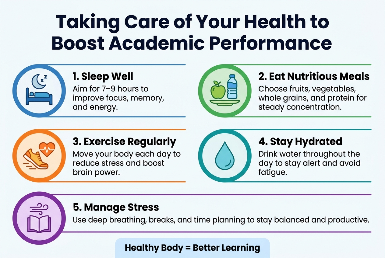Create a full-bleed 3:2 infographic on a clean white background with blue, teal, green, and yellow accents, modern sans-serif font, bold hierarchy, and a professional school-health style.
Top center: large bold title in dark navy text: "Taking Care of Your Health to Boost Academic Performance"
Below the title, arrange 5 wide horizontal or two-column sections across the page, each with a colored circular icon on the left and a short text block on the right. Use clear numbered labels and simple flat icons.
Section 1 on the upper left: a moon and bed icon in a blue circle, heading text: "1. Sleep Well" and smaller text: "Aim for 7–9 hours to improve focus, memory, and energy."
Section 2 on the upper right: an apple, water bottle, and balanced plate icon in a green circle, heading text: "2. Eat Nutritious Meals" and smaller text: "Choose fruits, vegetables, whole grains, and protein for steady concentration."
Section 3 on the lower left: a running shoes and heartbeat icon in an orange circle, heading text: "3. Exercise Regularly" and smaller text: "Move your body each day to reduce stress and boost brain power."
Section 4 on the lower right: a water drop icon in a teal circle, heading text: "4. Stay Hydrated" and smaller text: "Drink water throughout the day to stay alert and avoid fatigue."
Bottom wide section spanning the page: a calm breathing and open book icon in a purple circle, heading text: "5. Manage Stress" and smaller text: "Use deep breathing, breaks, and time planning to stay balanced and productive."
At the bottom center, add a small bold takeaway banner in dark navy with a light blue background: "Healthy Body = Better Learning"
Use subtle divider lines, rounded rectangles for each section, consistent spacing, and a bright educational infographic style with no photo elements.