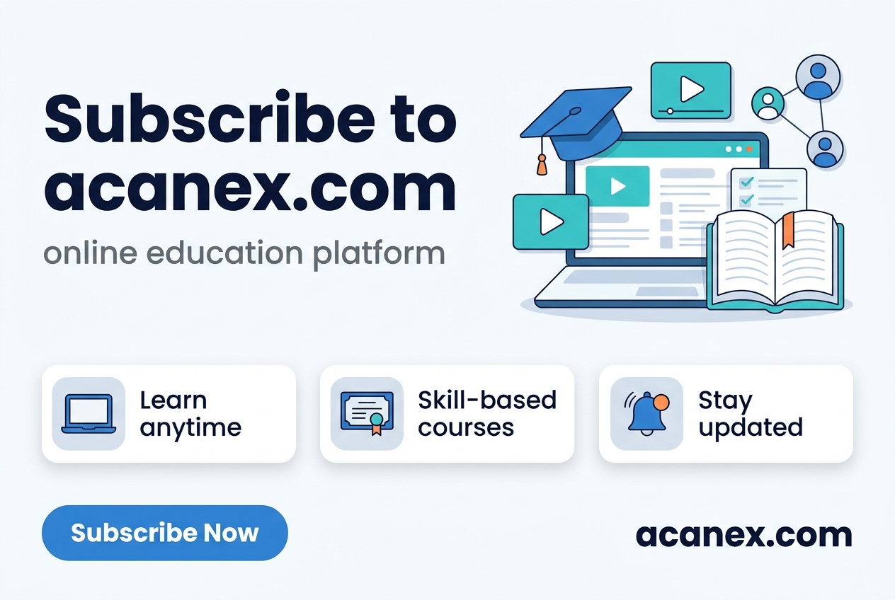 Create a full-bleed 3:2 infographic in a clean modern promotional style for an online education platform. Use a wide horizontal layout with no border, no inset frame, and no vertical poster stack.
Top left: a large bold headline in dark navy text reading "Subscribe to acanex.com". Directly beneath it, a smaller subtitle in medium gray reading "online education platform".
Right side: a bright digital learning illustration with a laptop, graduation cap, open book, play button, checklist, and connected user icons, arranged in a wide balanced composition. Use blue, teal, white, and light gray with subtle orange accent highlights.
Center and lower section: three horizontal feature blocks with rounded corners and simple icons, aligned left to right:
1. A laptop icon with the text "Learn anytime"
2. A certificate icon with the text "Skill-based courses"
3. A bell icon with the text "Stay updated"
Bottom left: a prominent blue rounded call-to-action button reading "Subscribe Now". Bottom right: the website text "acanex.com" in bold navy.
Use a professional sans-serif font, strong visual hierarchy, crisp vector style, soft shadows, clean spacing, and a polished corporate education theme.