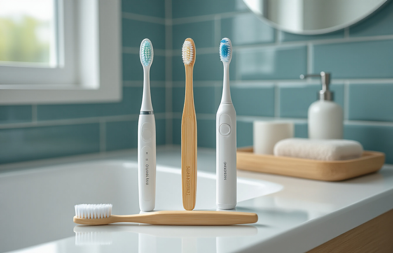 Create a realistic image of various types of toothbrushes arranged on a clean white bathroom counter, including a manual toothbrush with soft bristles, an electric toothbrush with replaceable head, a bamboo eco-friendly toothbrush, and a travel-sized toothbrush, each showing different levels of wear from new to worn bristles, with soft natural lighting from a bathroom window, clean modern bathroom tiles in the background, and absolutely NO text should be in the scene.