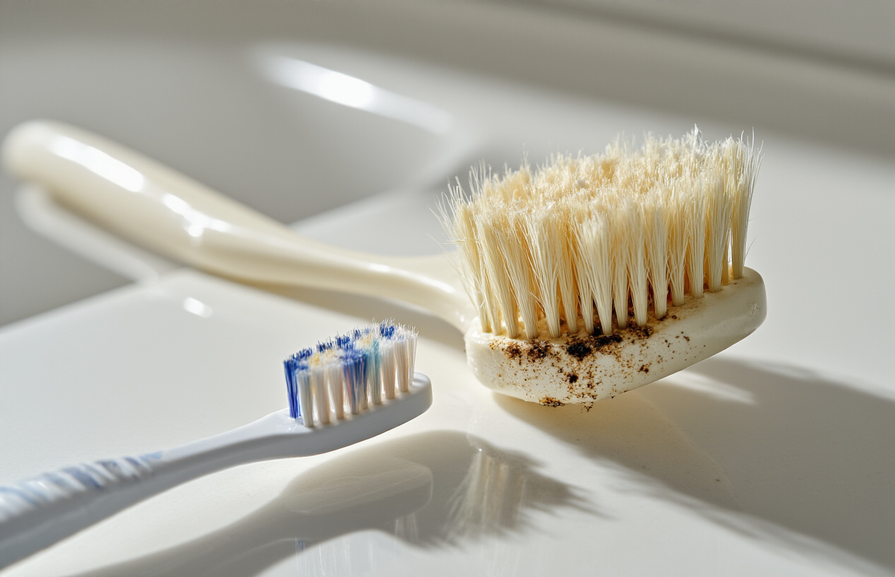 Create a realistic image of a worn-out toothbrush with severely frayed and splayed bristles, discolored bristle tips, and visible bacterial buildup or dark spots on the brush head, positioned on a clean white bathroom counter next to a fresh new toothbrush for comparison, with bright bathroom lighting highlighting the deteriorated condition of the old toothbrush, absolutely NO text should be in the scene.