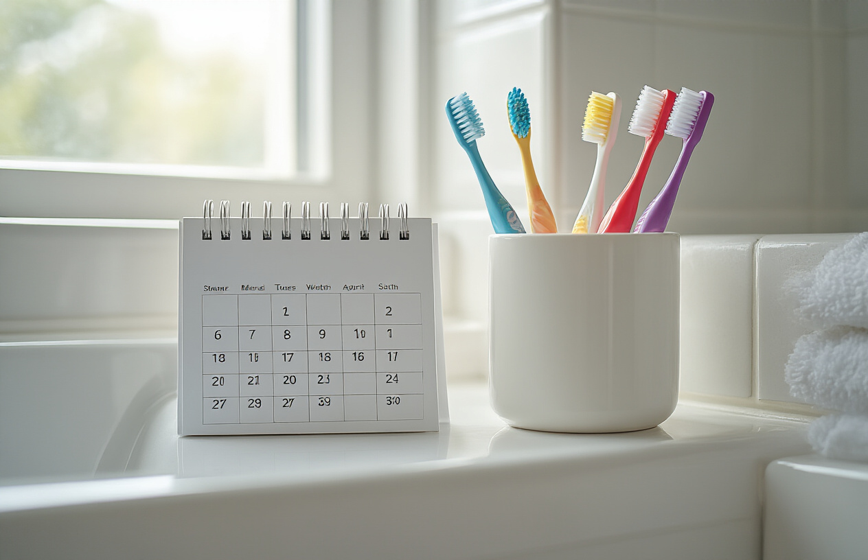 Create a realistic image of a clean white bathroom counter with a modern toothbrush holder containing multiple colorful toothbrushes, beside it a small calendar showing months passing, soft natural lighting from a window, clean and organized bathroom setting with white tiles, conveying a sense of routine dental hygiene care and time-based replacement schedule, absolutely NO text should be in the scene.