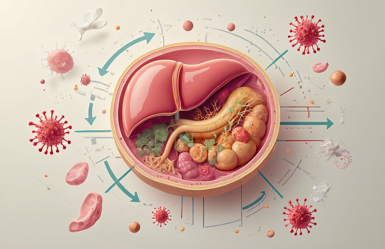 Create a realistic image of a detailed anatomical illustration showing a healthy human liver in cross-section with visible internal structures, surrounded by flowing arrows and pathways representing the natural detoxification process, set against a clean medical background with soft, clinical lighting, featuring microscopic elements like toxins being filtered and processed through liver cells, with a color palette emphasizing healthy pinks and reds for the liver tissue, absolutely NO text should be in the scene.