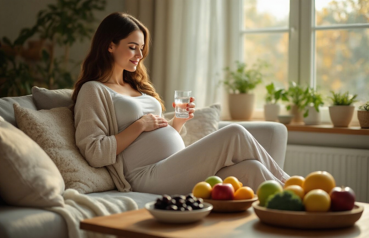Create a realistic image of a peaceful pregnant white woman in her third trimester sitting comfortably on a soft couch, holding a glass of water with fresh fruits like prunes, apples, and fiber-rich vegetables artfully arranged on a wooden coffee table nearby, warm natural lighting streaming through a window creating a serene and healthy atmosphere in a cozy living room setting, absolutely NO text should be in the scene.