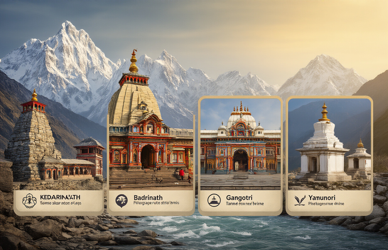 Create a realistic image of a detailed travel guide layout showing the four sacred Char Dham temples of India - Kedarnath with its stone temple against snow-capped Himalayan peaks, Badrinath with its colorful temple facade, Gangotri with its white temple structure near flowing river, and Yamunotri with its modest shrine in mountain setting, arranged as four distinct sections with pilgrimage route maps connecting them, travel information icons scattered around, warm golden lighting suggesting spiritual journey, mountain landscape background, absolutely NO text should be in the scene.