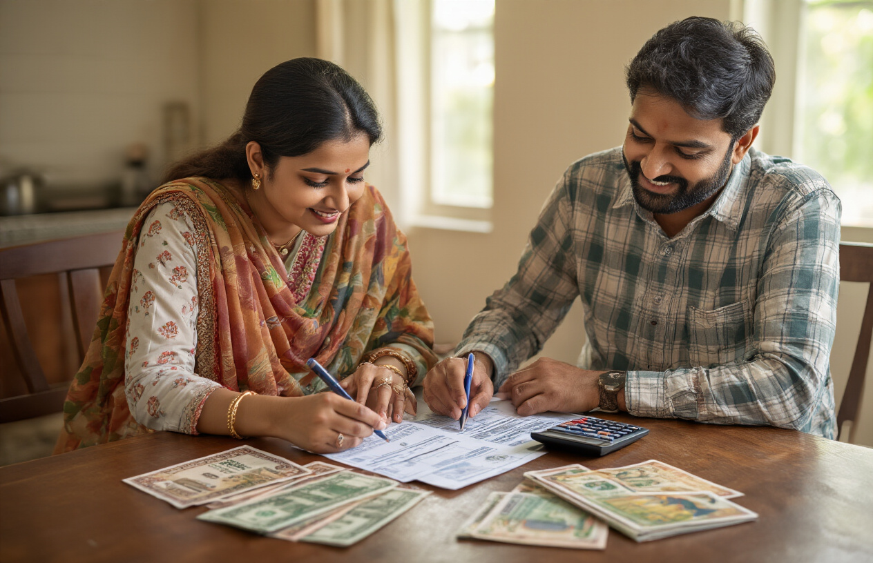 Create a realistic image of an Indian family with two adults (one Indian male and one Indian female) sitting together reviewing travel documents and budget calculations on a wooden table, with Indian rupee currency notes, a calculator, a smartphone displaying travel booking apps, and travel brochures of Hindu temples scattered around them, set in a warm home environment with soft natural lighting from a window, showing expressions of planning and consideration, Absolutely NO text should be in the scene.