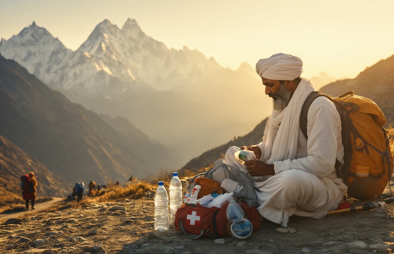 Create a realistic image of an Indian male pilgrim in traditional white clothing carefully checking his backpack contents including first aid kit, water bottles, and emergency supplies while sitting near a mountain trail, with Himalayan peaks in the background, oxygen mask and walking stick beside him, warm golden morning light creating a sense of preparedness and safety, other pilgrims visible in the distance preparing for their journey, absolutely NO text should be in the scene.
