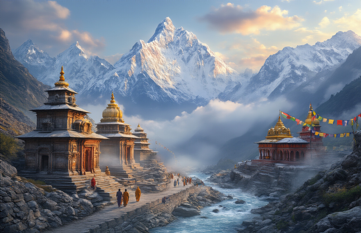 Create a realistic image of the four sacred Hindu pilgrimage sites of Char Dham (Kedarnath, Badrinath, Gangotri, and Yamunotri) represented as a spiritual montage with snow-capped Himalayan peaks in the background, ancient stone temples with traditional architecture, flowing holy rivers, prayer flags fluttering in the mountain breeze, pilgrims' walking paths winding through the mountains, golden hour lighting casting warm glows on the temple structures, peaceful and divine atmosphere with misty clouds surrounding the peaks, and traditional Hindu religious symbols subtly integrated into the natural landscape, absolutely NO text should be in the scene.