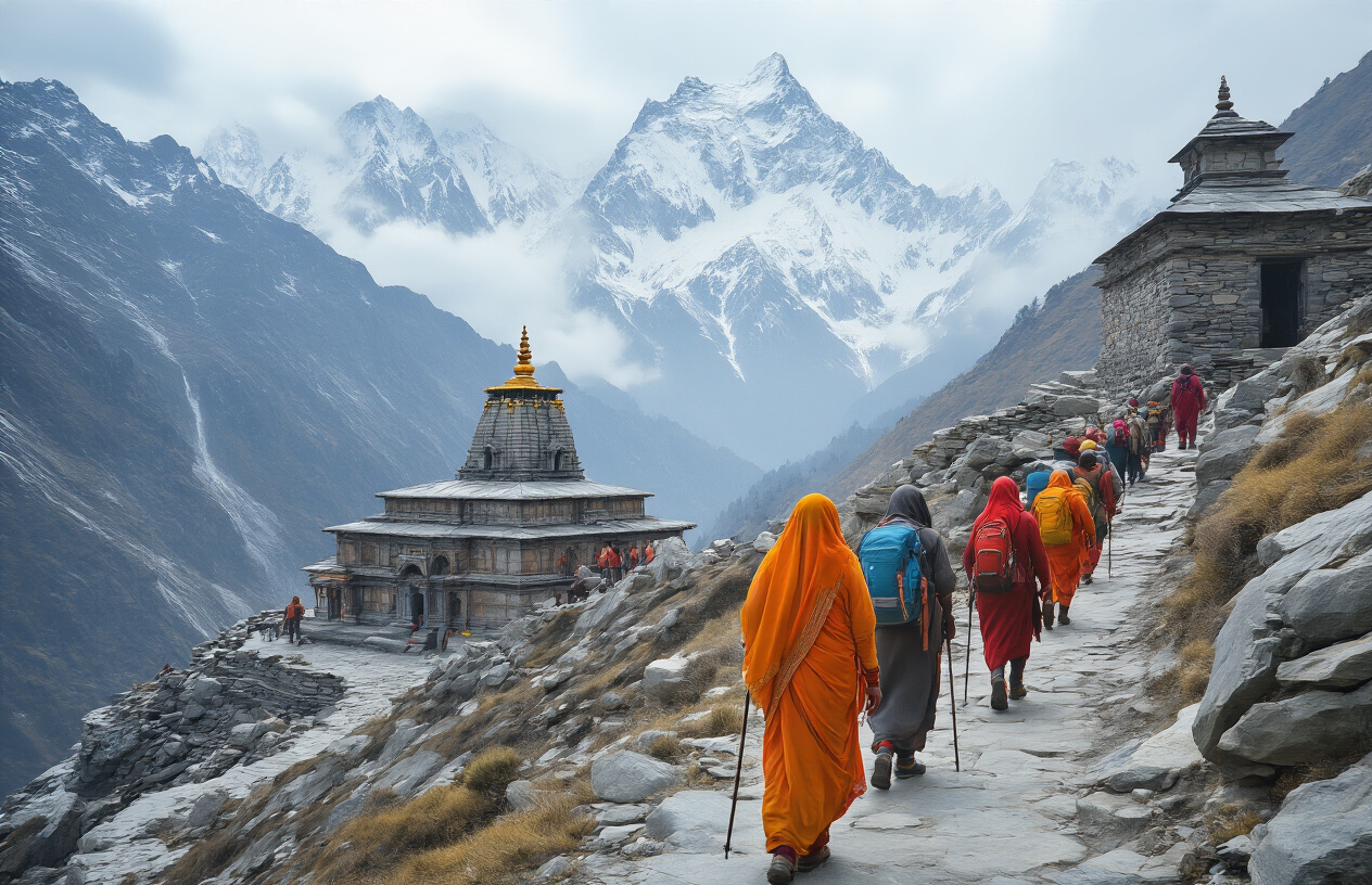 Create a realistic image of Indian pilgrims in traditional clothing carefully walking on a narrow mountain path leading to Kedarnath temple, with some devotees wearing safety gear like proper trekking shoes and carrying walking sticks, showing both male and female pilgrims of South Asian ethnicity following safety guidelines, set against the backdrop of snow-capped Himalayan peaks with the ancient stone Kedarnath temple visible in the distance, cloudy mountain weather with soft natural lighting, emphasizing the challenging terrain and the need for caution during the pilgrimage, absolutely NO text should be in the scene.