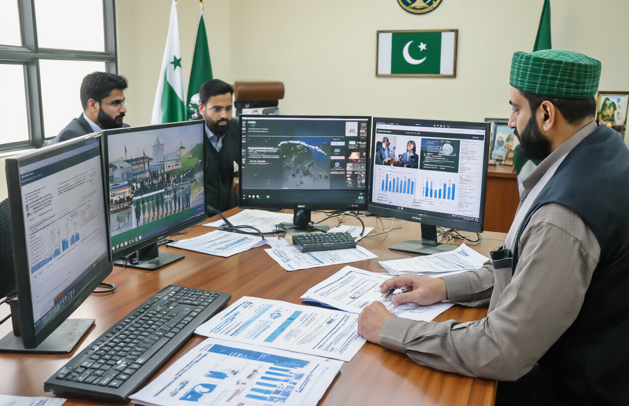 Create a realistic image of Pakistani government officials in a modern office setting reviewing documents and digital files related to social welfare programs, with computers displaying data charts and beneficiary information on screens, official government documents spread across a conference table, Pakistani flags visible in the background, professional lighting illuminating the scene, showing a collaborative work environment focused on program administration and detailed information management, absolutely NO text should be in the scene.