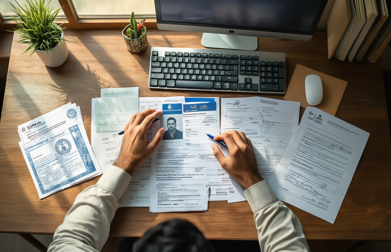 Create a realistic image of a Pakistani male adult sitting at a wooden desk organizing important documents including identification cards, bank statements, family certificates, and official forms spread neatly across the surface, with a computer keyboard and mouse visible on one side, natural daylight streaming through a window creating soft shadows, the scene conveying preparation and organization for an important registration process, absolutely NO text should be in the scene.