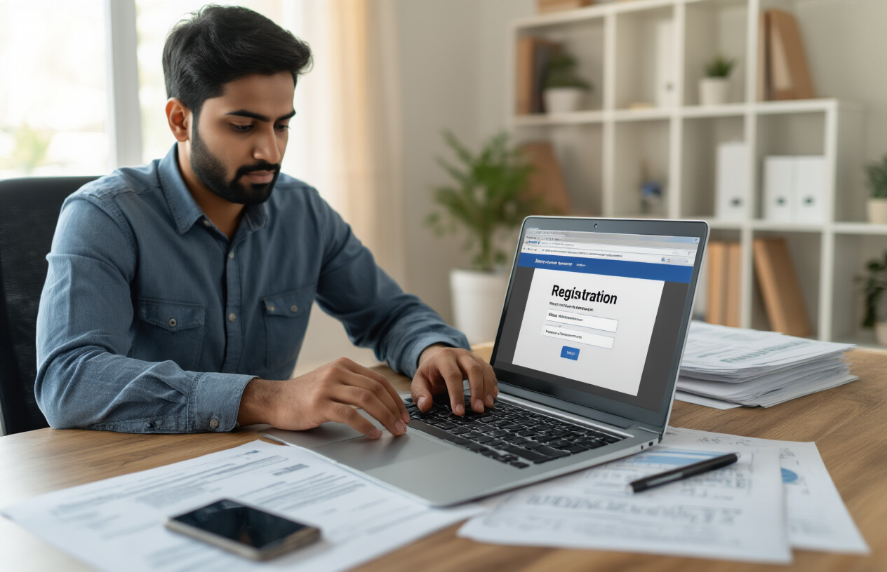 Create a realistic image of a South Asian male sitting at a modern desk with a laptop computer open, displaying a government registration website interface on the screen, with his hands positioned over the keyboard as if typing, surrounded by official documents and paperwork scattered on the desk, in a well-lit home office setting with warm natural lighting from a window, conveying a focused and determined mood as he completes an online registration process, with a smartphone nearby showing a mobile application interface, absolutely NO text should be in the scene.