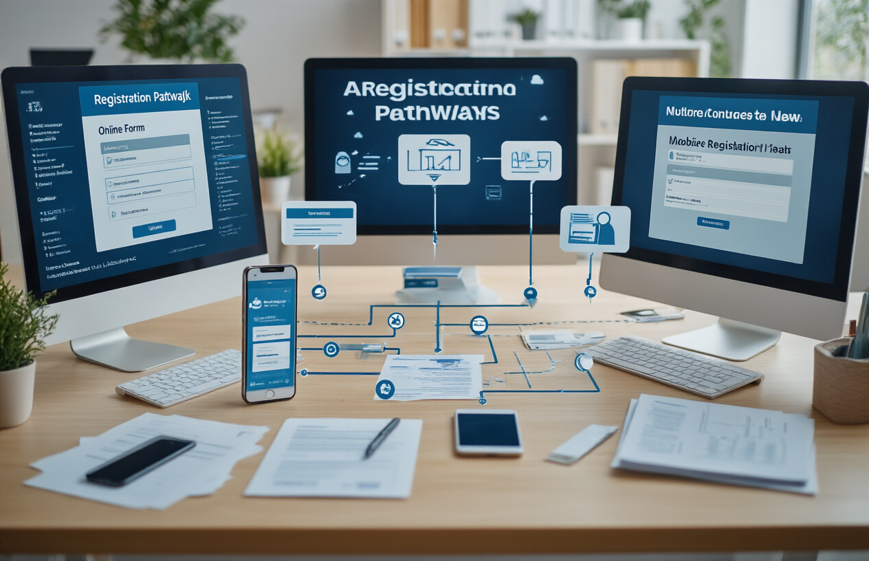 Create a realistic image of multiple registration pathways and methods displayed as interconnected routes, featuring computer screens showing online forms, mobile phones with registration apps, physical documents and paperwork on a desk, and various digital and traditional registration tools arranged in an organized manner, with soft natural lighting in a modern office environment, clean and professional atmosphere suggesting accessibility and convenience, absolutely NO text should be in the scene.