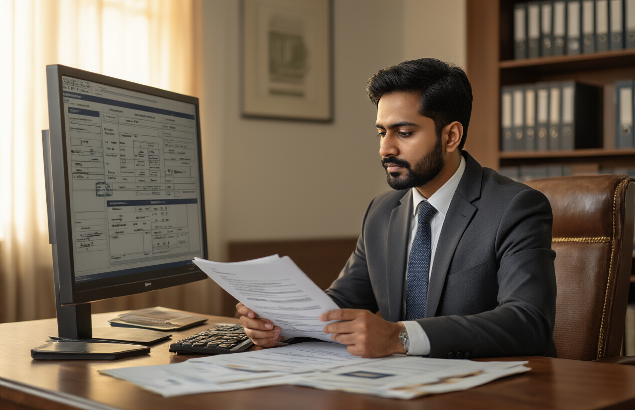 Create a realistic image of a South Asian male government officer in formal attire sitting at a wooden desk reviewing application documents and files, with a computer screen showing database records, official stamps and verification tools on the desk, warm office lighting, professional government office environment with filing cabinets in the background, conveying a sense of administrative follow-up and case management activities, absolutely NO text should be in the scene.
