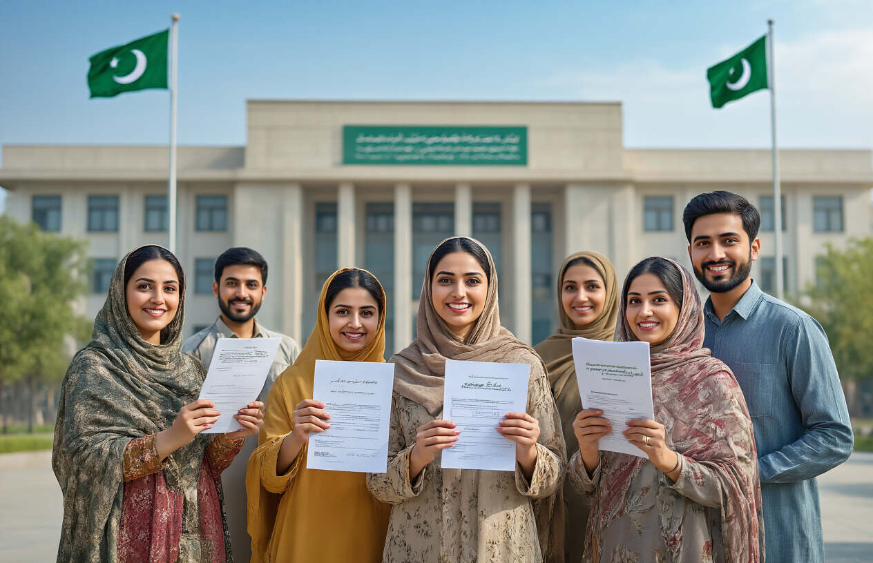 Create a realistic image of a diverse group of Pakistani families including both male and female adults of South Asian ethnicity standing in front of a modern government building with Pakistani flags, holding official registration documents in their hands, with expressions of hope and determination on their faces, under bright natural daylight with a clear blue sky in the background, representing successful completion of a social welfare program registration process, absolutely NO text should be in the scene.