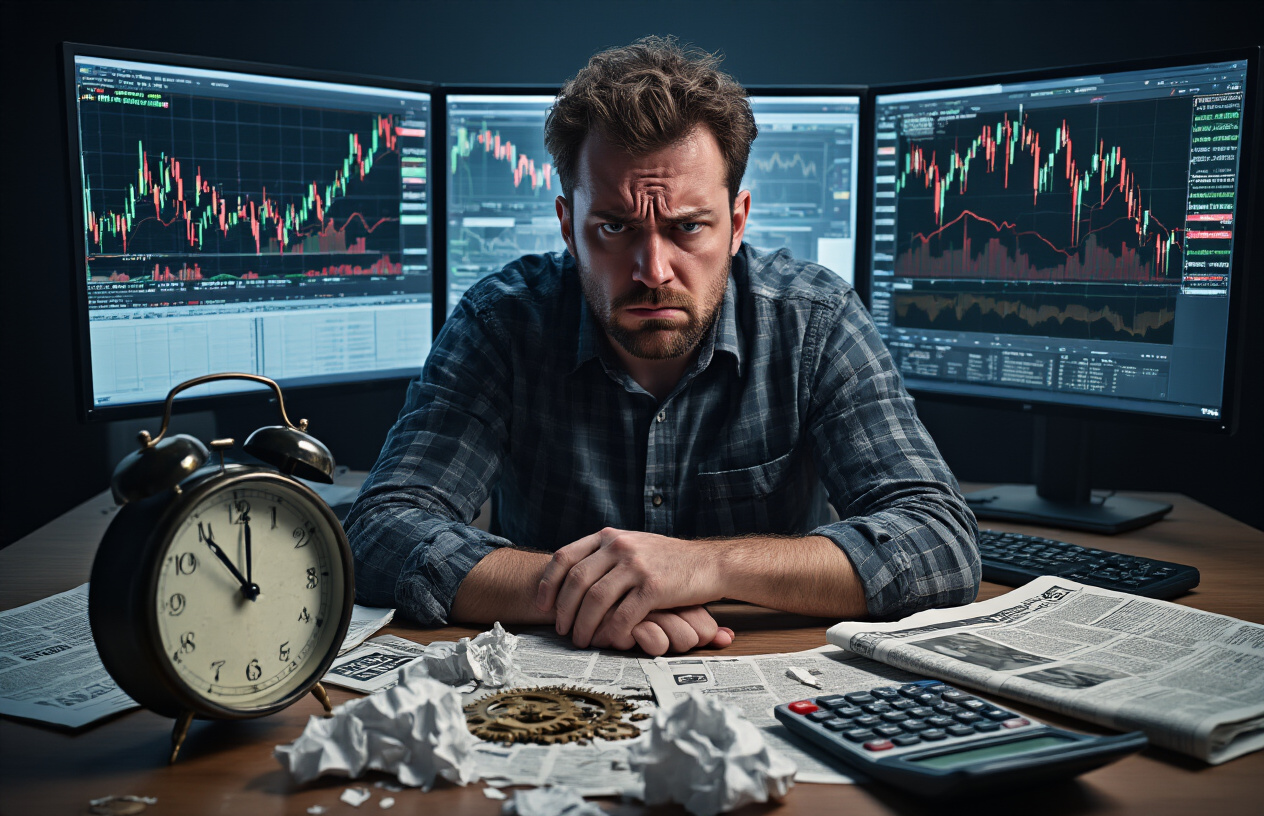 Create a realistic image of a frustrated white male investor in his 30s sitting at a desk with multiple computer monitors showing volatile stock market charts with dramatic red and green candlestick patterns, a broken analog clock with scattered gears on the desk surface, crumpled financial newspapers, and a calculator showing negative numbers, with a dark office environment lit by the glow of computer screens creating shadows on his worried face, absolutely NO text should be in the scene.
