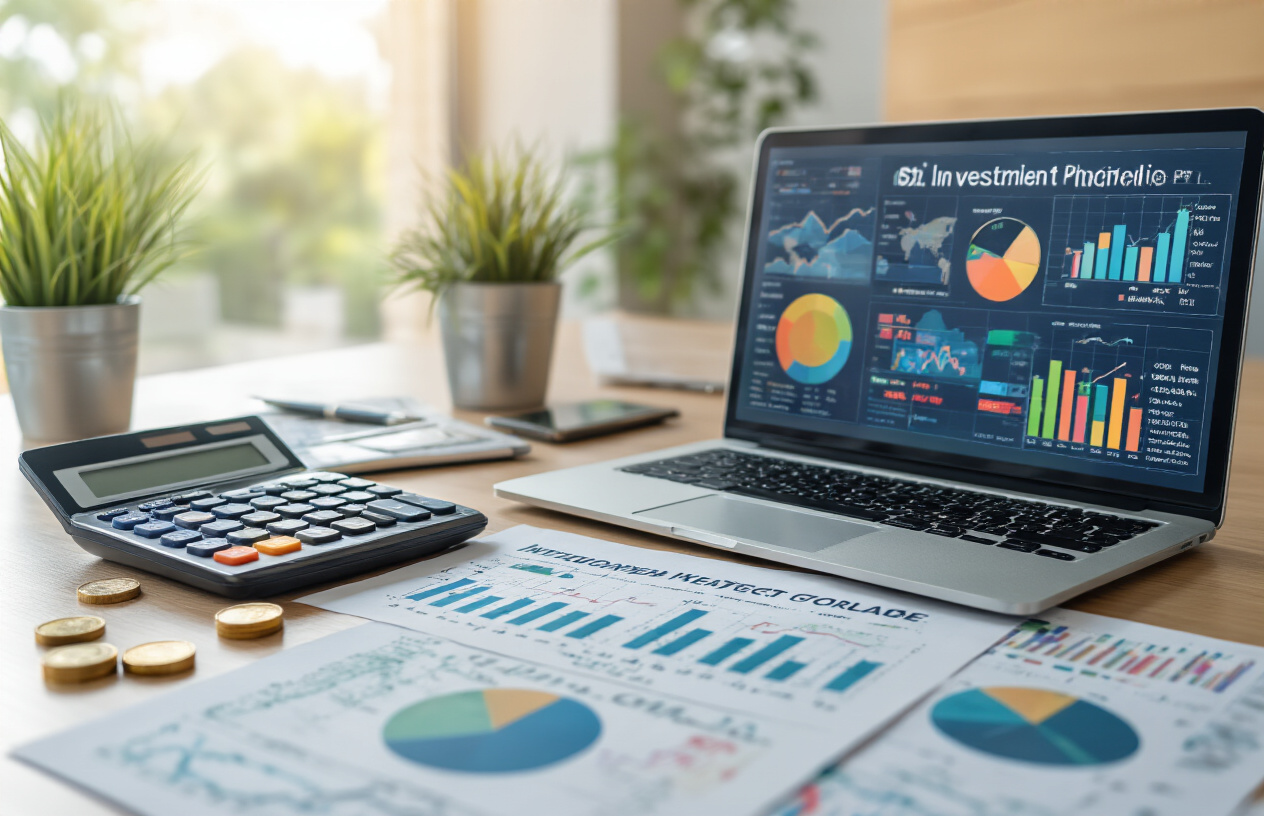 Create a realistic image of a diverse investment portfolio visualization showing multiple asset classes including stocks, bonds, real estate, commodities, and international markets represented through colorful pie charts, bar graphs, and global maps spread across a modern desk surface, with a calculator, financial documents, and a laptop displaying market data in a bright office setting with natural lighting, absolutely NO text should be in the scene.