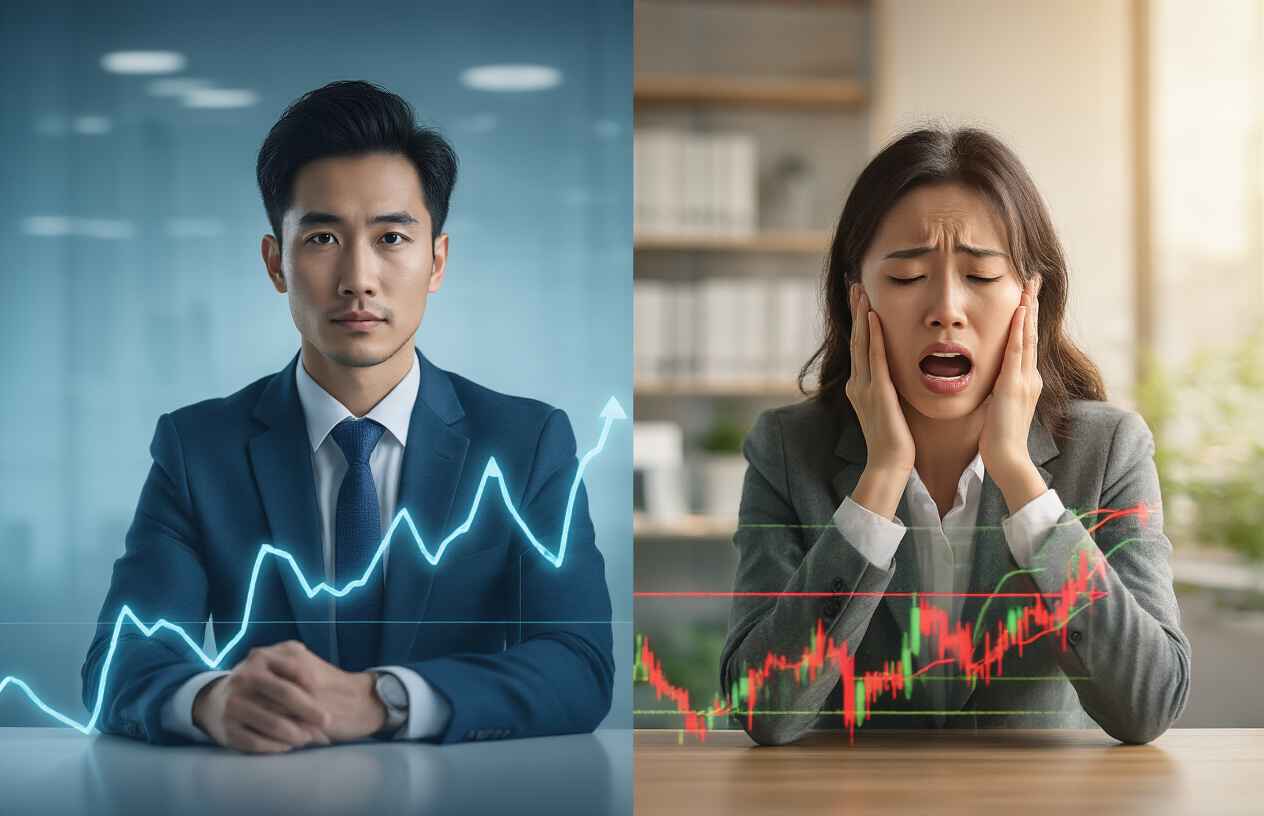 Create a realistic image of a split-screen comparison showing two investment scenarios: on the left side, a calm white male investor in business attire making regular monthly stock purchases with a steady upward trending chart in soft blue tones, and on the right side, a stressed Asian female investor frantically trying to time market peaks and valleys with a volatile red and green chart showing erratic movements, the background features a modern office setting with natural lighting, the overall mood contrasts serenity versus anxiety in investment approaches, absolutely NO text should be in the scene.