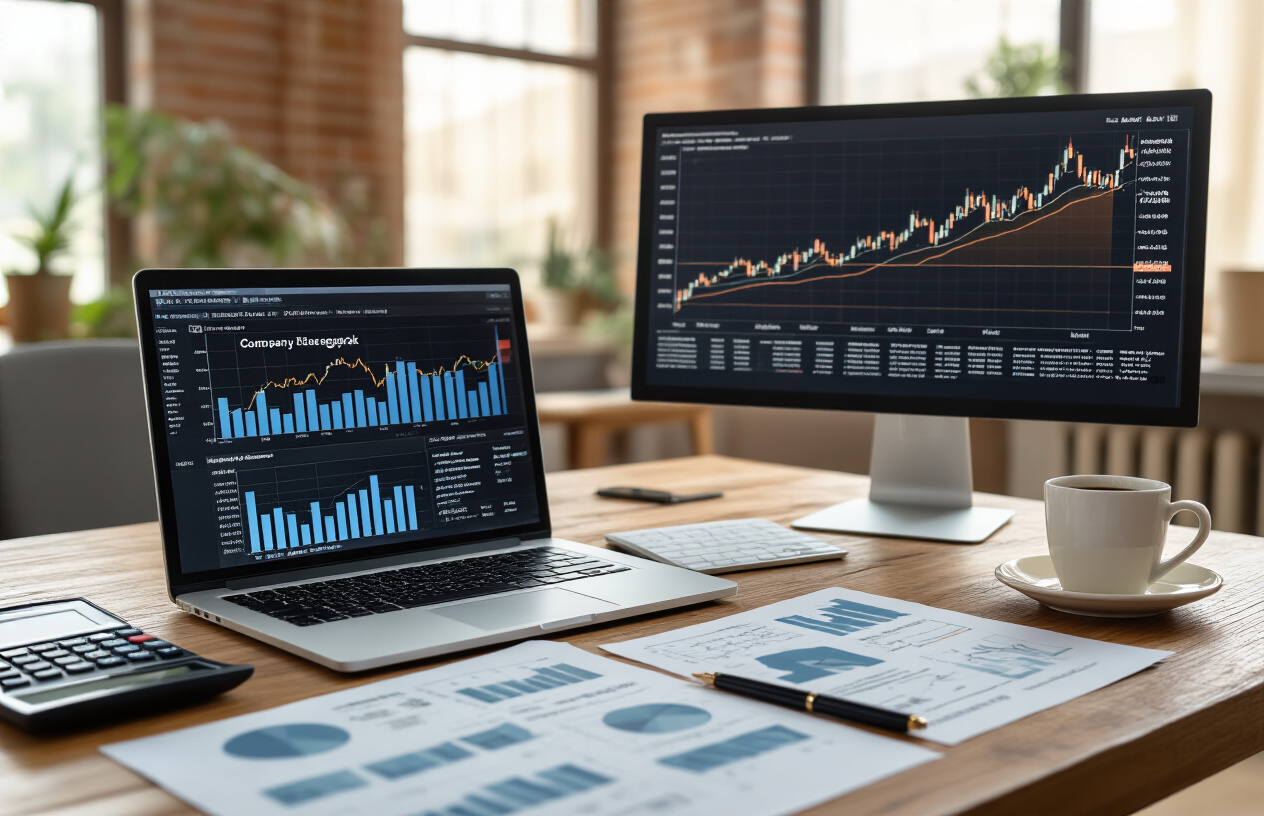 Create a realistic image of a professional business analyst's desk showing financial documents with company performance charts, balance sheets, and fundamental analysis reports spread across a wooden desk, with a laptop displaying detailed company metrics and financial ratios, while in the background a large monitor shows a steady upward trending graph representing long-term company growth rather than volatile daily price fluctuations, warm office lighting creating a focused analytical atmosphere, calculator and coffee cup as complementary desk items, Absolutely NO text should be in the scene.