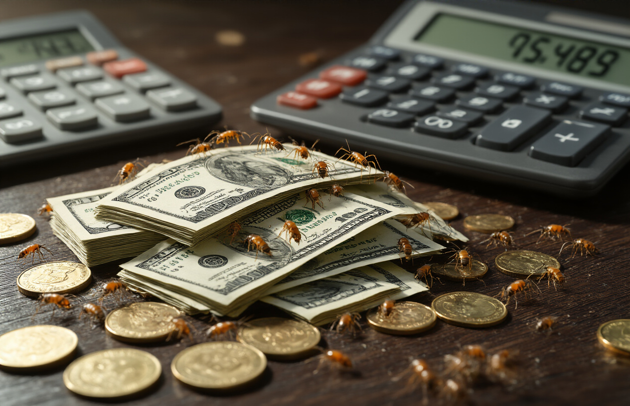Create a realistic image of a pile of dollar bills being slowly consumed by small termites or moths, with coins scattered around that are visibly corroding and tarnishing, set against a dark wooden desk background with a calculator showing declining numbers, subtle shadows creating a somber mood, representing the gradual erosion of wealth through hidden costs, absolutely NO text should be in the scene.