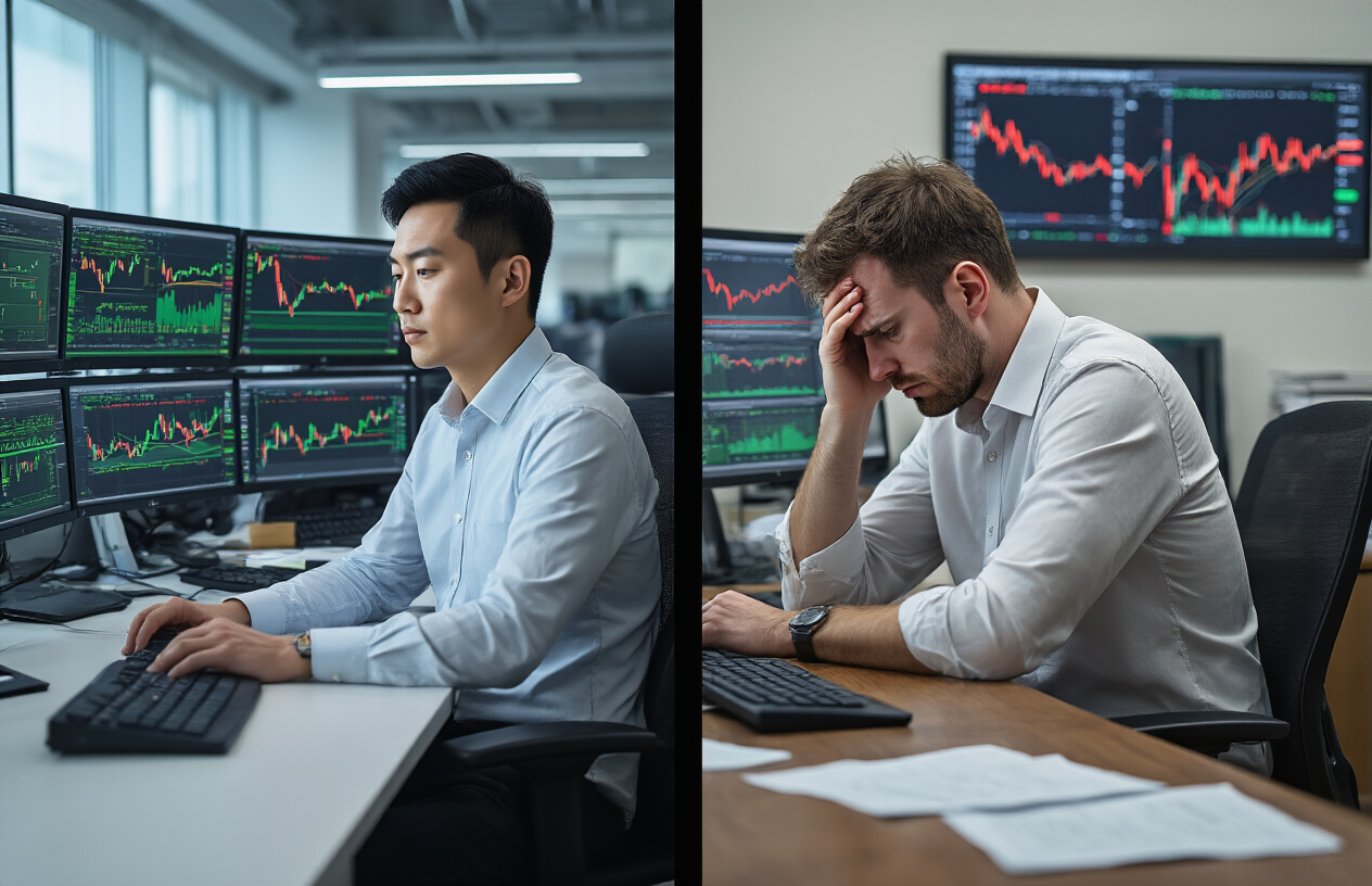 Create a realistic image of a split-screen composition showing two contrasting traders at their workstations, with the left side featuring a calm, composed Asian male trader sitting upright with a serene expression while viewing green stock charts on multiple monitors in a well-lit modern office environment, and the right side showing a stressed white male trader hunched over his desk with his head in his hands, surrounded by red declining charts on screens in a dimly lit, cluttered workspace with papers scattered around, emphasizing the stark difference between emotional control and emotional chaos in trading environments, with professional trading floor atmosphere in the background, absolutely NO text should be in the scene.