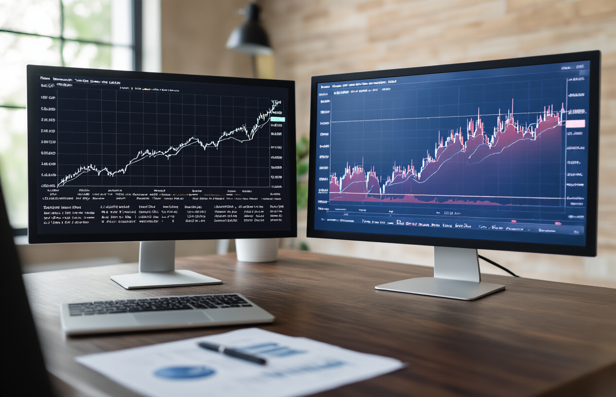 Create a realistic image of a split-screen comparison showing on the left side a simple upward trending chart with consistent growth representing index funds, and on the right side a more volatile chart with erratic ups and downs representing actively managed funds, with both charts displayed on computer monitors in a modern office setting with soft natural lighting from a window, professional atmosphere with dark wooden desk surface, and financial documents scattered nearby, absolutely NO text should be in the scene.