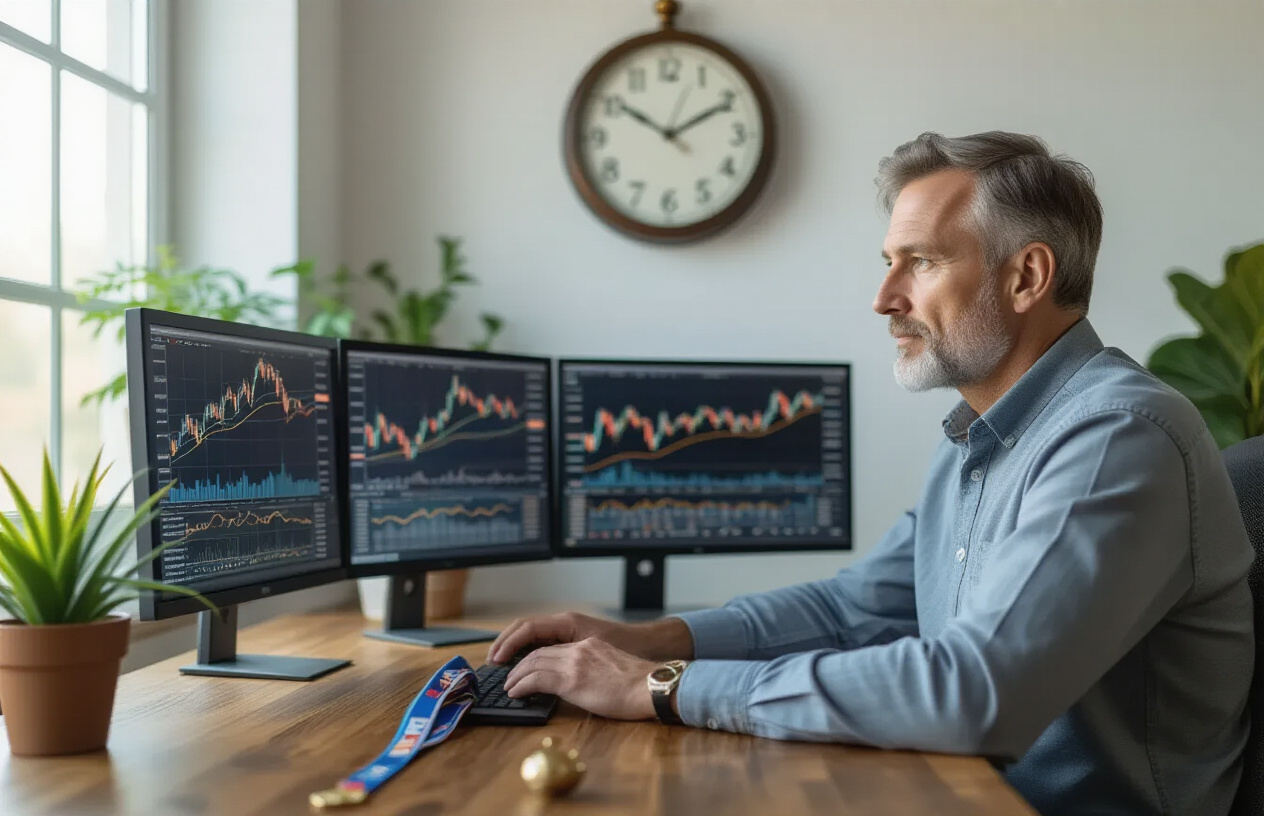 Create a realistic image of a calm white male investor in his 40s sitting at a wooden desk with a patient expression, viewing multiple stock charts on computer screens showing long-term upward growth trends over decades, with a wall clock in the background and a marathon runner's medal on the desk symbolizing endurance, warm natural lighting from a window, peaceful office environment with green plants, conveying patience and long-term thinking rather than rushed trading, absolutely NO text should be in the scene.