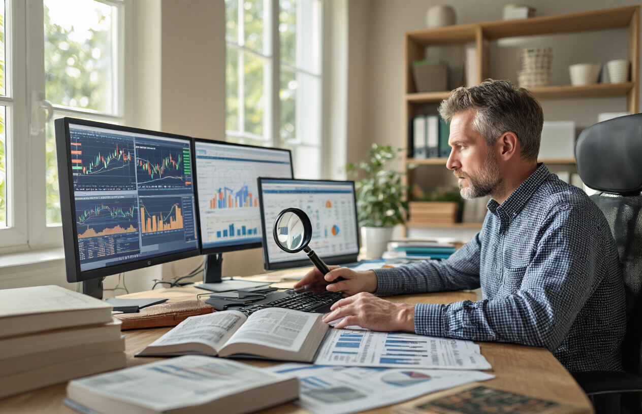 Create a realistic image of a focused white male investor in his 30s sitting at a modern desk with multiple computer monitors displaying financial charts and data, surrounded by open books, financial newspapers, and research documents, with a magnifying glass positioned over detailed financial reports, in a well-lit home office with warm natural lighting from a window, conveying serious analytical work and thorough research beyond superficial information, absolutely NO text should be in the scene.