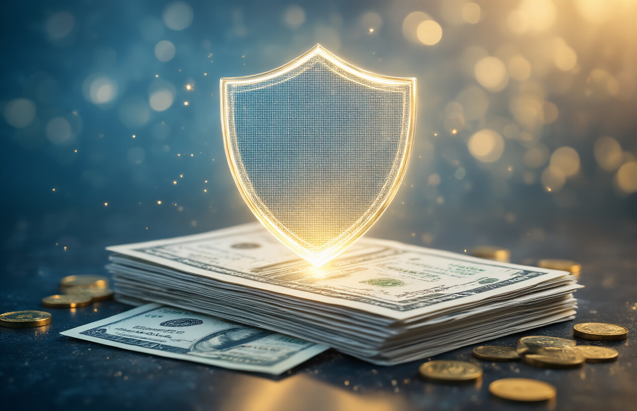 Create a realistic image of a protective financial shield made of transparent glass or crystal hovering over a stack of diverse investment documents, stock certificates, and dollar bills, with a gentle golden light emanating from behind the shield casting a warm protective glow over the financial assets below, set against a sophisticated dark blue gradient background that conveys security and trust, with subtle bokeh effects in the background suggesting depth and professionalism, absolutely NO text should be in the scene.