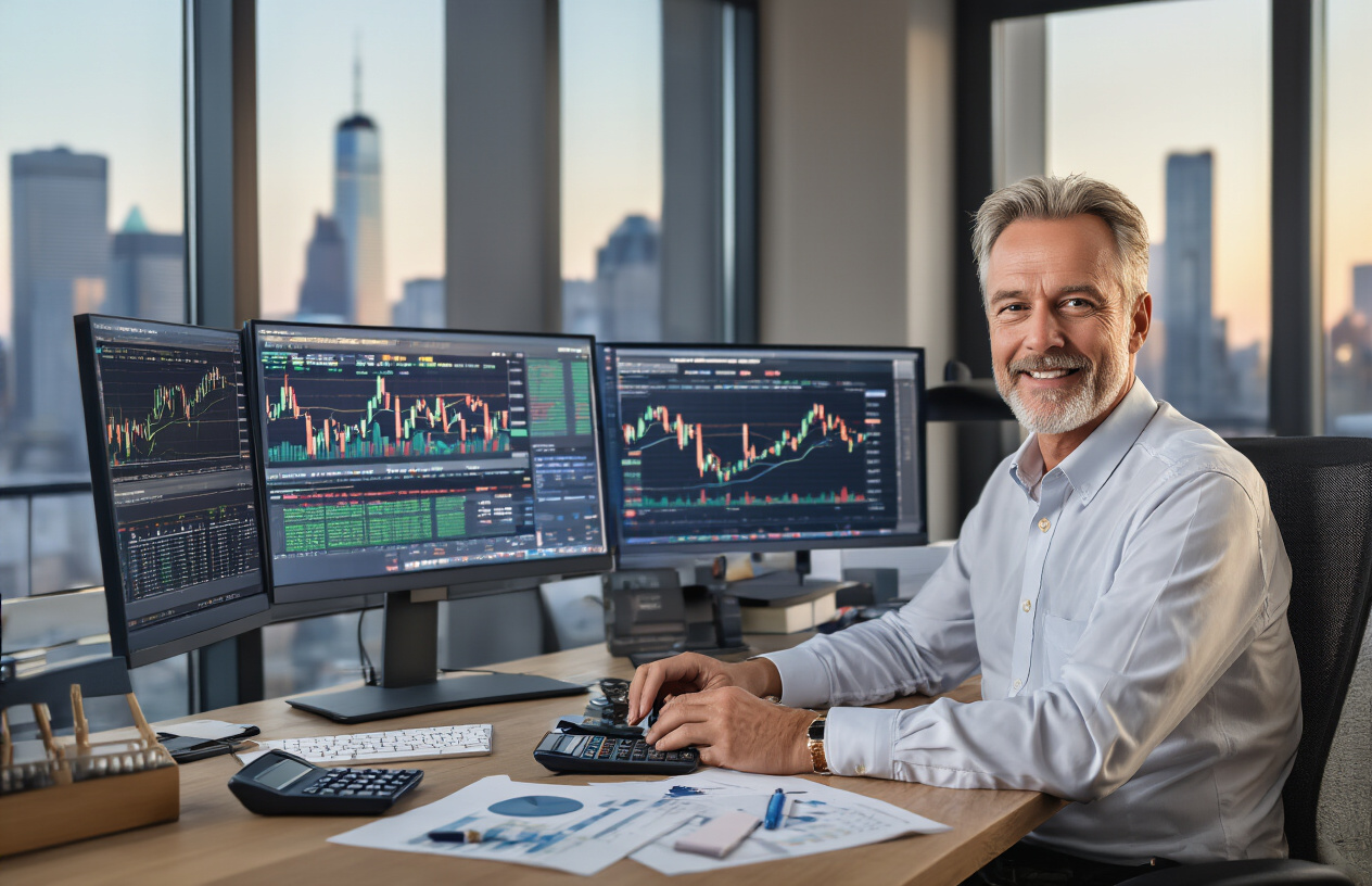 Create a realistic image of a confident middle-aged white male investor sitting at a modern desk with multiple computer monitors displaying stock market charts and data, surrounded by financial documents and a calculator, with a city skyline visible through large windows in the background, warm natural lighting creating a professional atmosphere of success and knowledge, a subtle smile on his face suggesting mastery of market secrets, absolutely NO text should be in the scene.