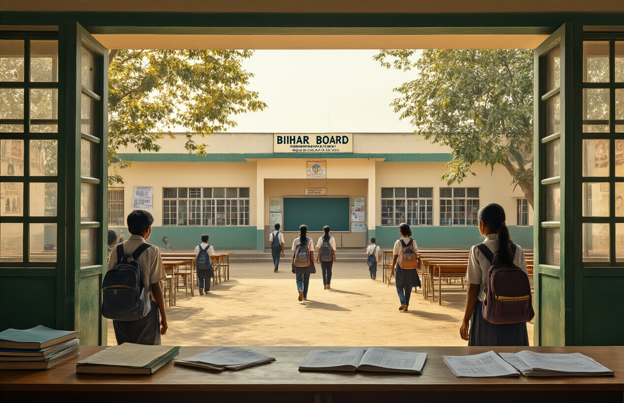 Create a realistic image of an Indian educational institution building with Bihar Board signage, showing the entrance gate with students walking through, academic books and examination papers scattered on a wooden desk in the foreground, a traditional classroom setting with blackboard and desks visible through windows, warm natural lighting creating an academic atmosphere, Indian male and female students of various ages carrying school bags, the building featuring typical government school architecture with cream and green colored walls, trees and educational posters visible in the background, creating a comprehensive view of the Bihar intermediate education system, absolutely NO text should be in the scene.