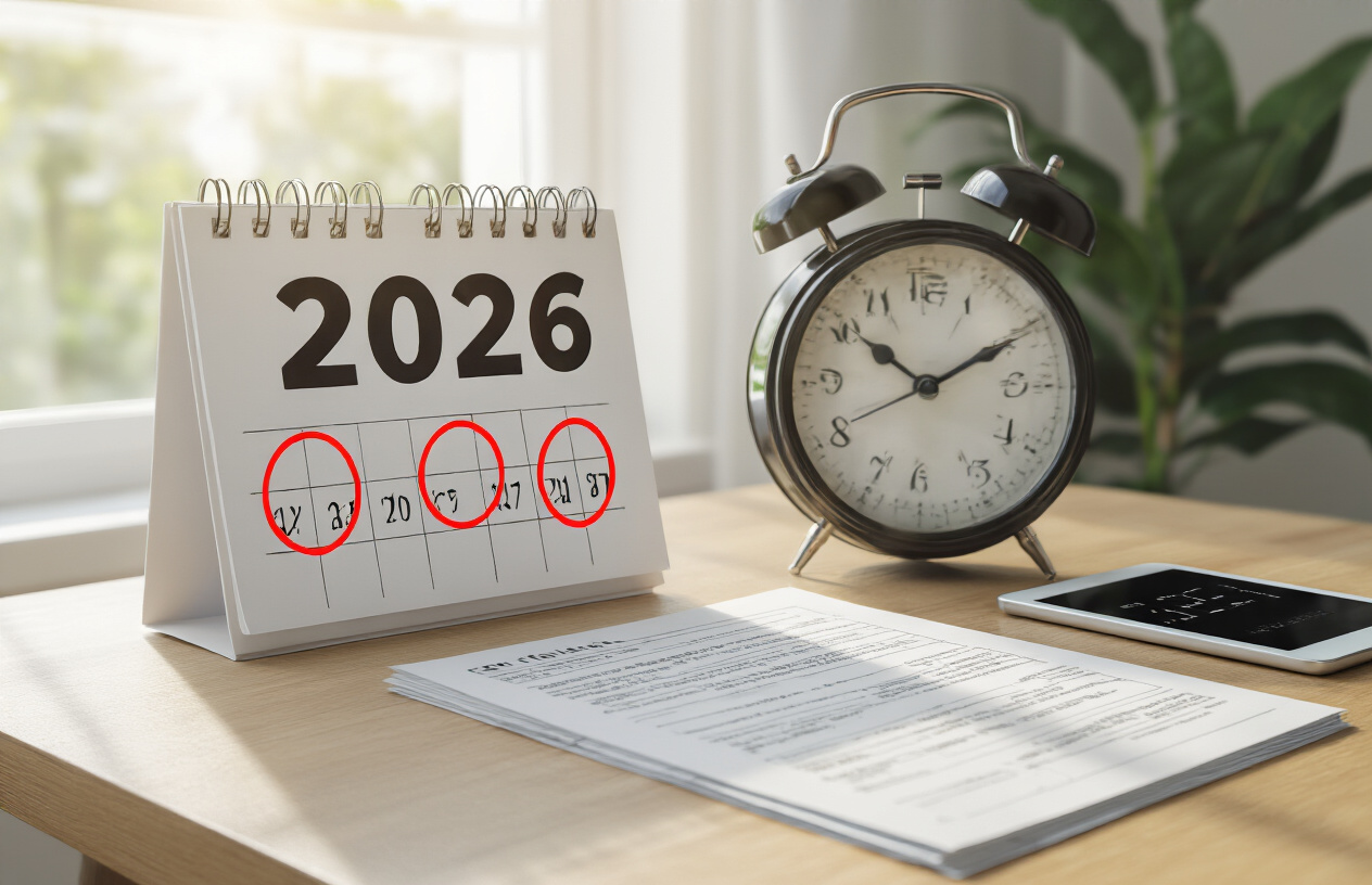 Create a realistic image of a modern calendar page showing the year 2026 with specific dates highlighted in red circles, positioned on a clean wooden desk alongside an analog clock showing approximately 2 PM, a neat stack of examination papers, and a digital tablet displaying a countdown timer, with soft natural lighting from a window creating gentle shadows, conveying an organized and time-sensitive academic atmosphere. Absolutely NO text should be in the scene.