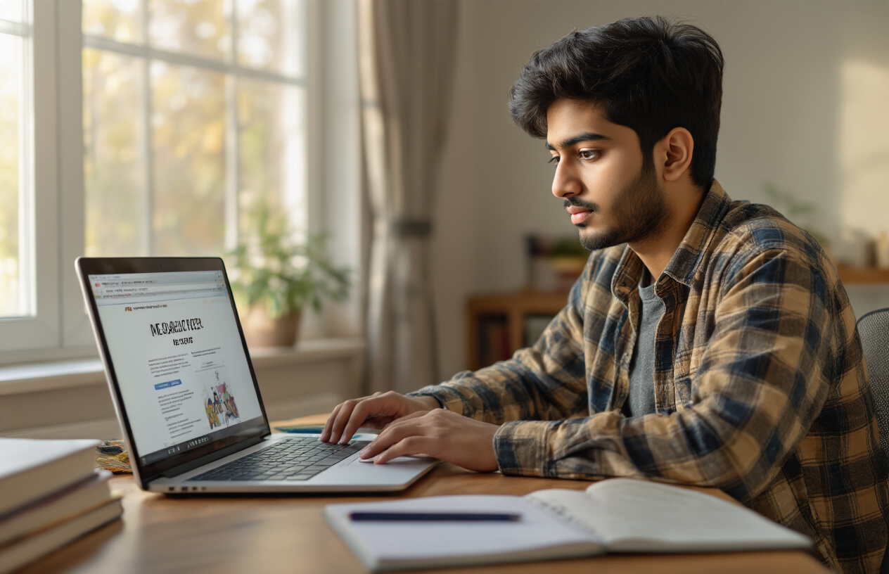 Create a realistic image of a young South Asian male student sitting at a desk looking at a laptop computer screen with a focused expression, the laptop displaying what appears to be an educational website interface, surrounded by study materials like notebooks and pens on a wooden desk, soft natural lighting coming from a window, creating a calm and hopeful atmosphere in a home study environment, absolutely NO text should be in the scene.