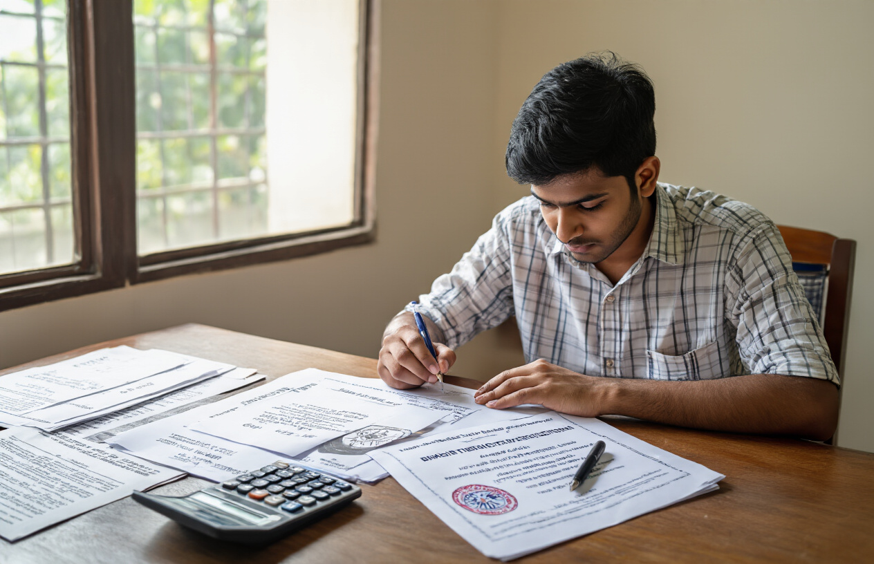 Create a realistic image of an Indian male student sitting at a wooden desk examining his Bihar intermediate examination result certificate and marksheet documents, with official government seals visible on the papers, a calculator and pen nearby, in a well-lit room with natural sunlight coming through a window, showing a focused and contemplative mood as he reviews his academic credentials, absolutely NO text should be in the scene.