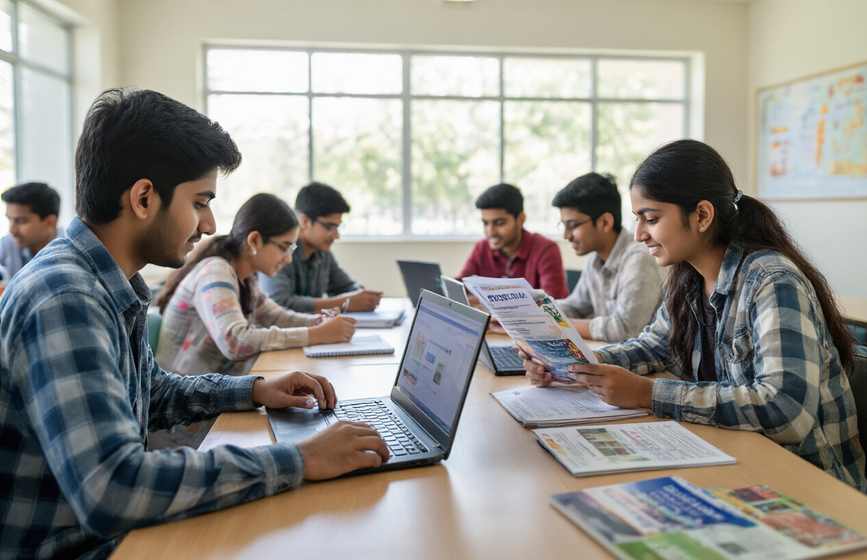 Create a realistic image of young Indian students sitting at desks with laptops and notebooks open, some looking at computer screens showing educational websites, others holding pamphlets about colleges and courses, with a few students talking to each other about their next steps, set in a bright modern classroom or study hall with natural lighting from large windows, conveying a sense of planning and decision-making for their academic future, absolutely NO text should be in the scene.