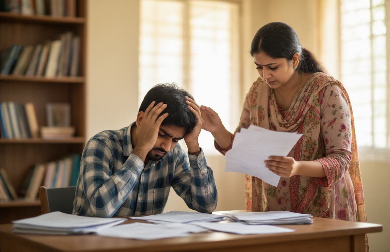 Create a realistic image of a concerned Indian male student sitting at a desk with papers scattered around, holding his head in his hands while looking at official examination documents, with a worried Indian female parent standing beside him offering support, in a modest home study room with warm lighting, books on shelves in the background, conveying anxiety and problem-solving atmosphere, Absolutely NO text should be in the scene.