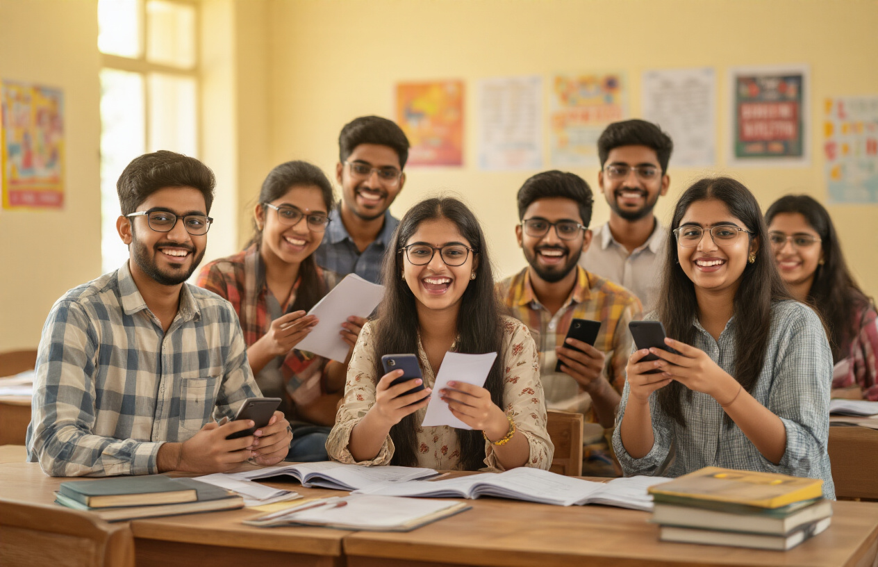 Create a realistic image of Indian students celebrating exam results with joyful expressions, showing diverse group of young Indian male and female students holding mobile phones and documents, surrounded by books and study materials on wooden desks, warm golden lighting creating hopeful atmosphere, modern classroom or study room background with educational posters on walls, students wearing casual Indian attire like kurtas and shirts, scene depicts success and achievement mood, absolutely NO text should be in the scene.