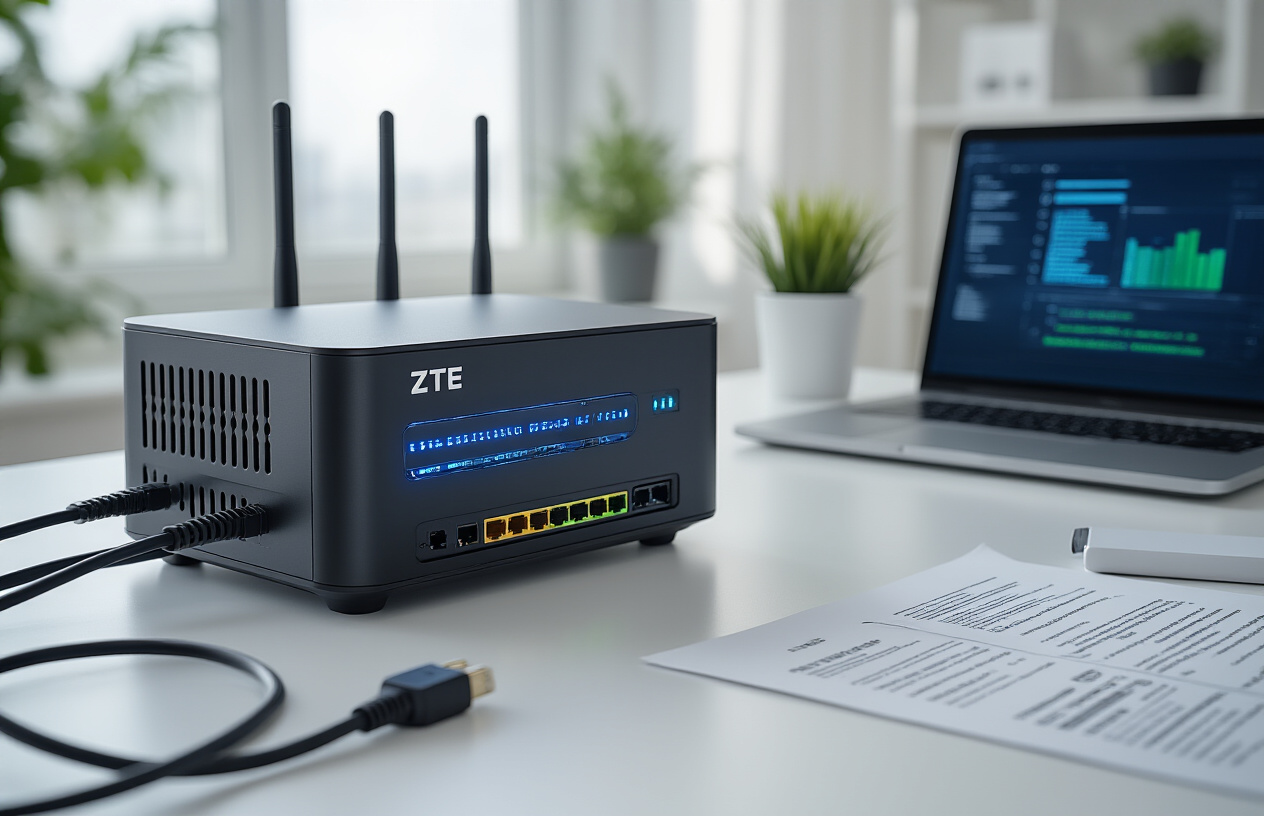 Create a realistic image of a ZTE B760H router device prominently displayed on a clean white desk surface, with the router's LED indicators glowing blue and green to show it's powered on, surrounded by ethernet cables, a power adapter, and a laptop computer showing system specifications on the screen, with technical documentation papers scattered nearby, in a modern office environment with soft natural lighting from a window, creating a professional tech support atmosphere, absolutely NO text should be in the scene.