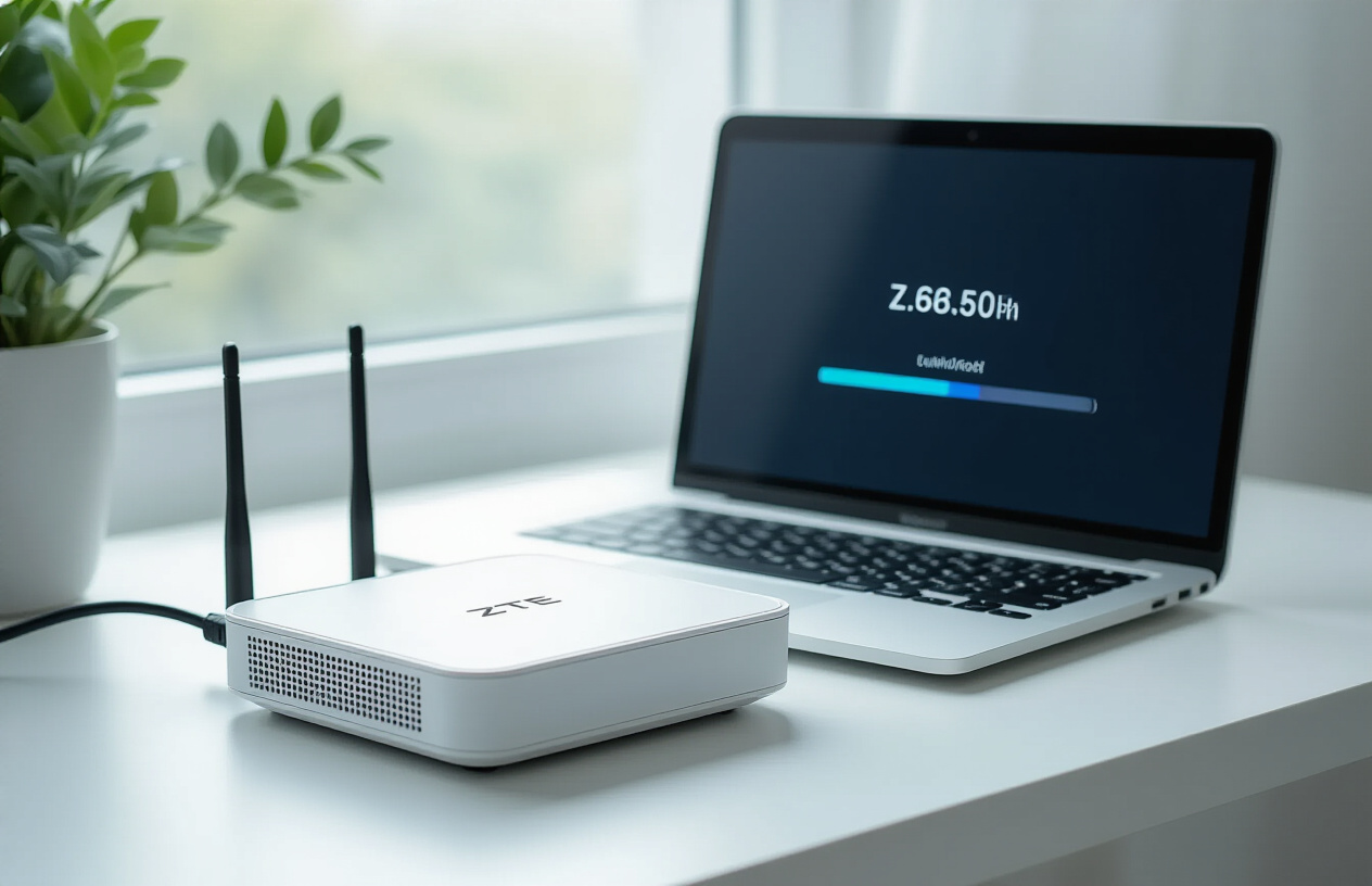 Create a realistic image of a close-up view of a ZTE B760H router device placed on a clean white desk surface next to an open laptop computer displaying a download progress bar on the screen, with a USB cable connecting the router to the laptop, soft natural lighting from a window creating gentle shadows, professional tech workspace environment with subtle blue and white color tones, absolutely NO text should be in the scene.
